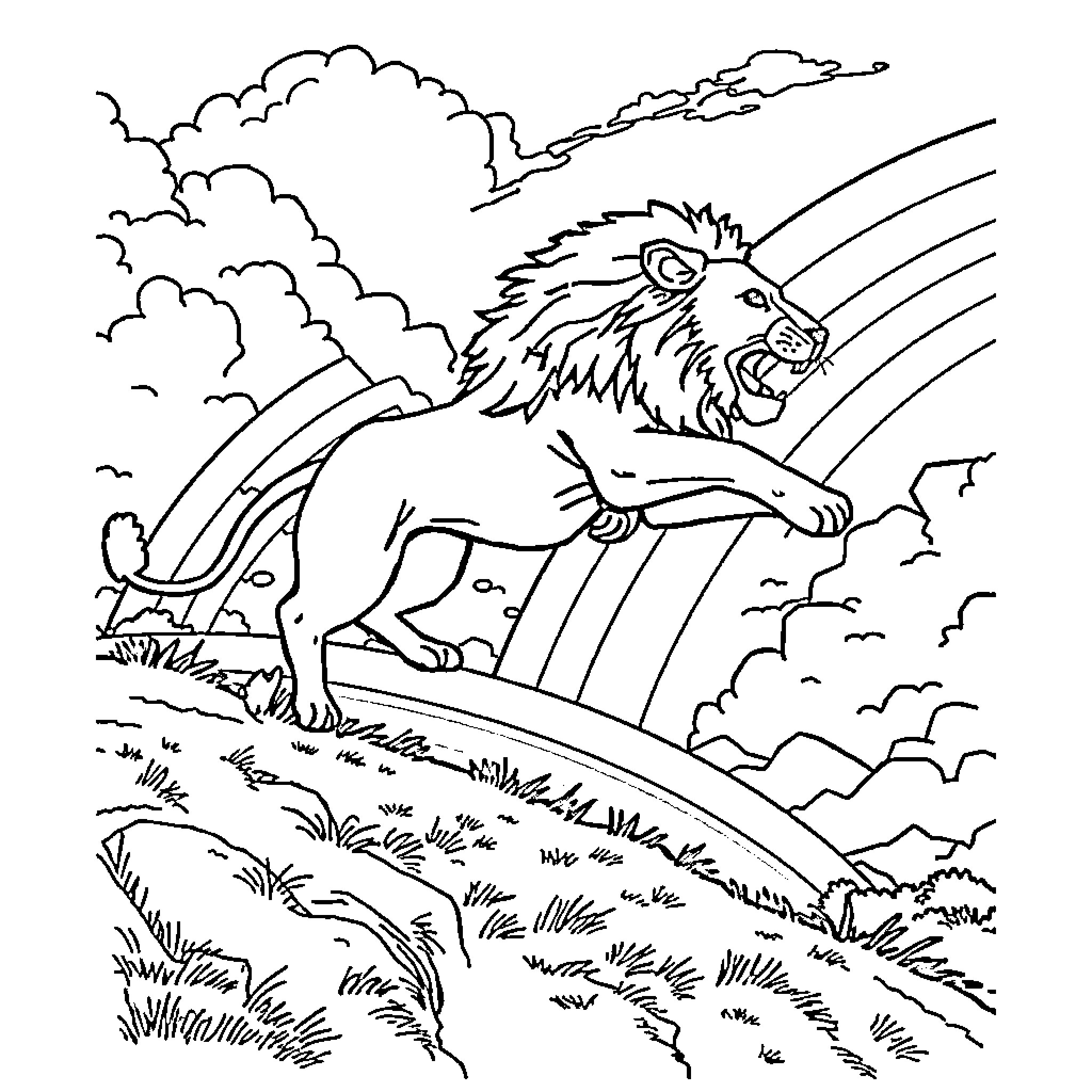 Lion roaring atop a hill under cloudy skies Coloring Page (free black-and-white line drawing printable PDF for all, from beginners to advanced learners, including children, teens, adults, and seniors)