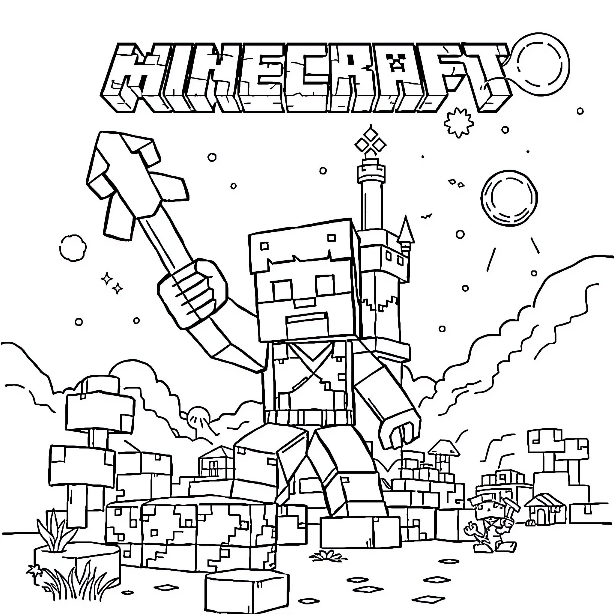 Minecraft character wielding tool in blocky landscape Coloring Page (free black-and-white line drawing printable PDF for all, from beginners to advanced learners, including children, teens, adults, and seniors)