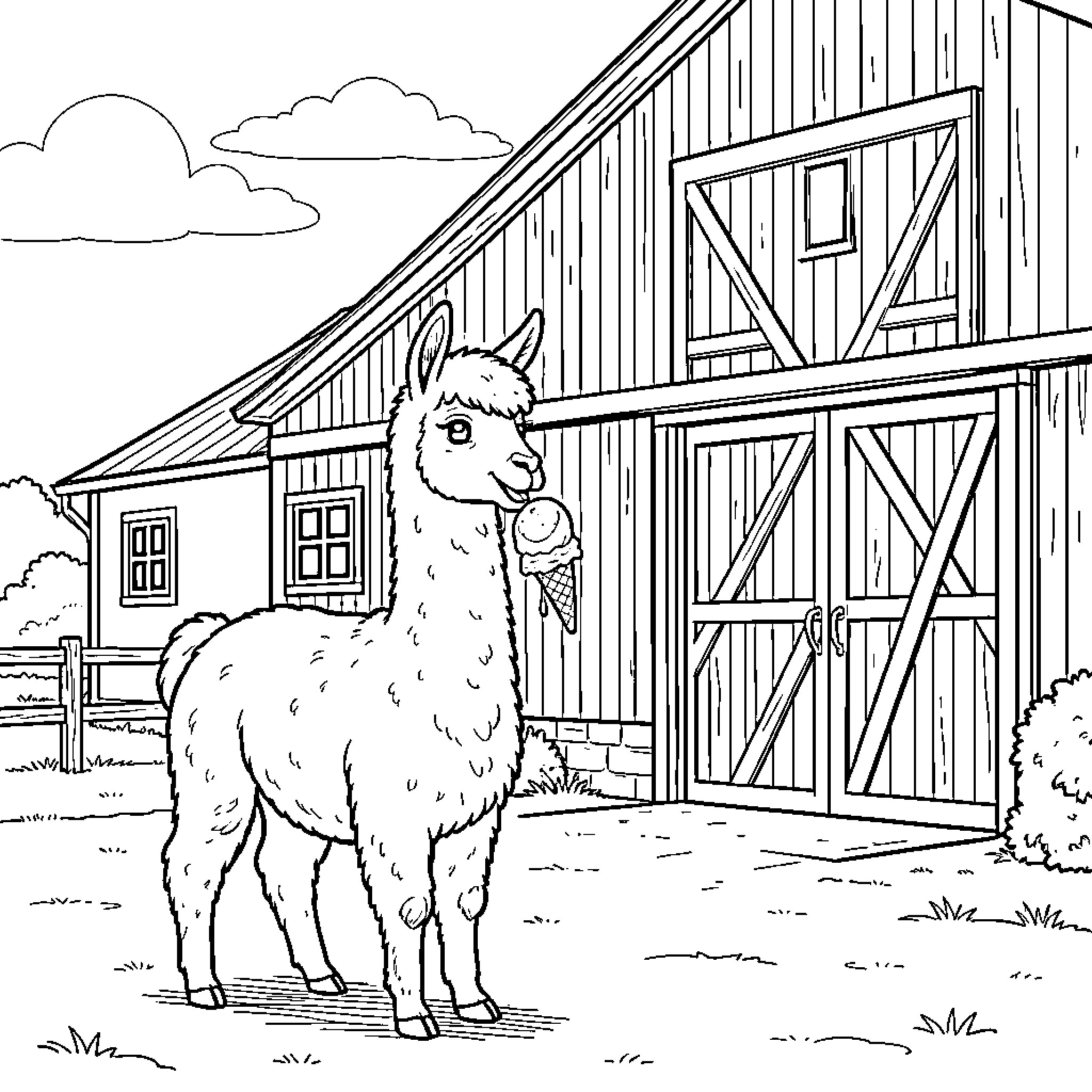 Llama standing in front of a barn with ice cream Coloring Page (free black-and-white line drawing printable PDF for all, from beginners to advanced learners, including children, teens, adults, and seniors)