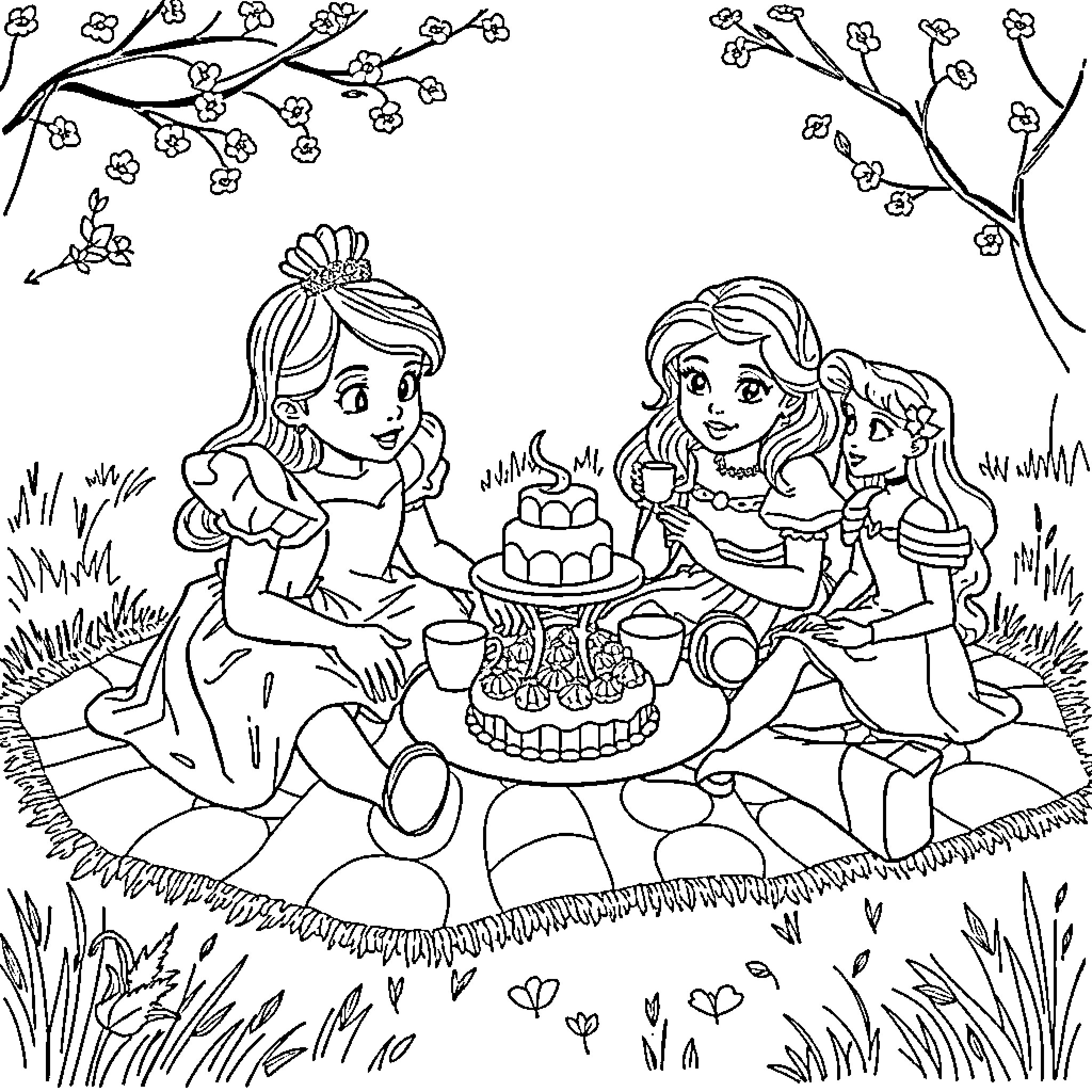 Girls having a birthday picnic in the park Coloring Page (free black-and-white line drawing printable PDF for all, from beginners to advanced learners, including children, teens, adults, and seniors)