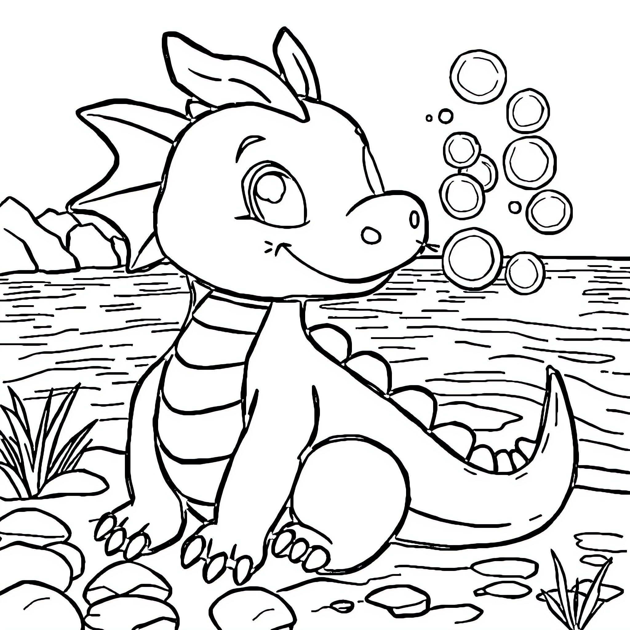 Dragon swimming playfully in the pond Coloring Page (free black-and-white line drawing printable PDF for all, from beginners to advanced learners, including children, teens, adults, and seniors)