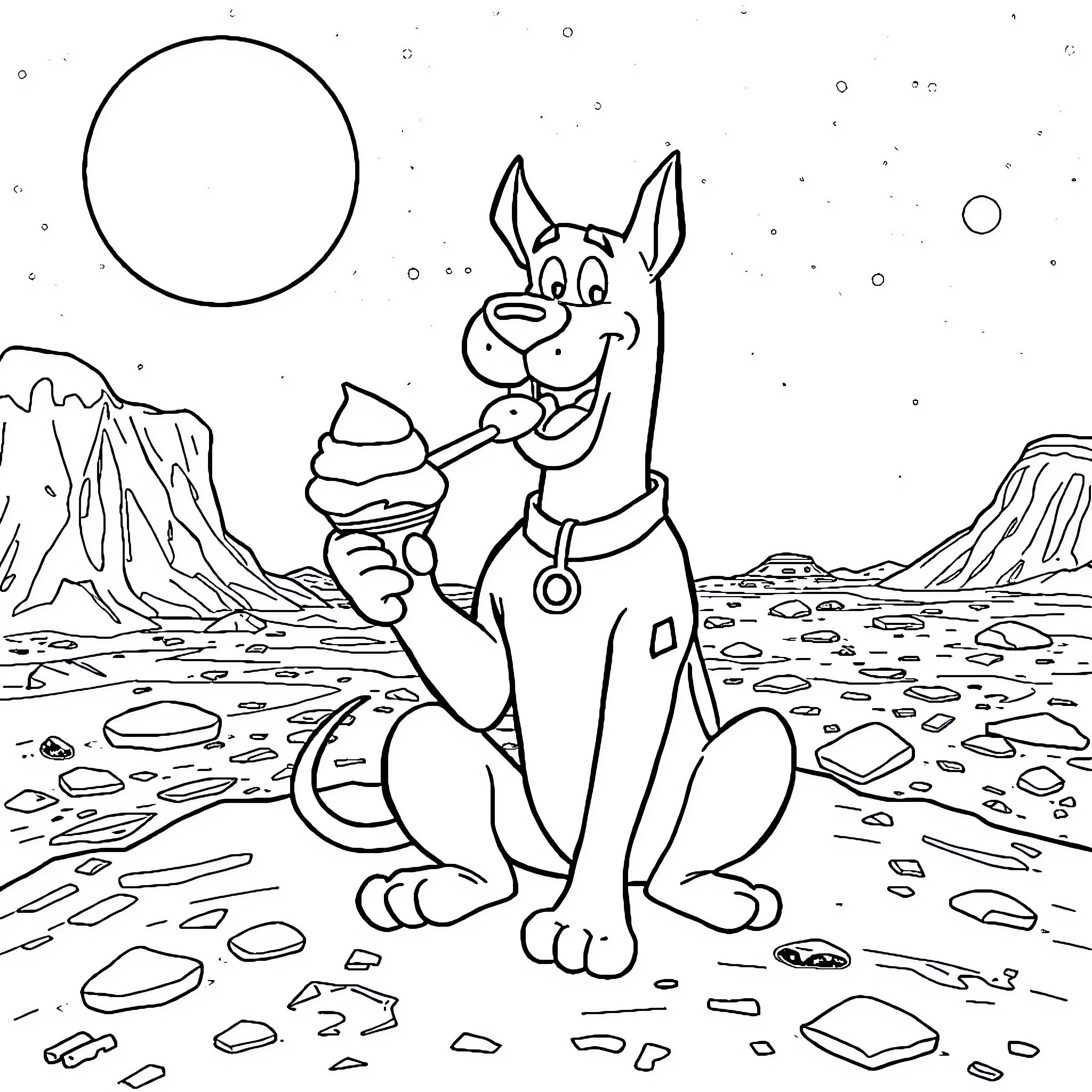 Scooby Doo exploring the desert landscape Coloring Page (free black-and-white line drawing printable PDF for all, from beginners to advanced learners, including children, teens, adults, and seniors)