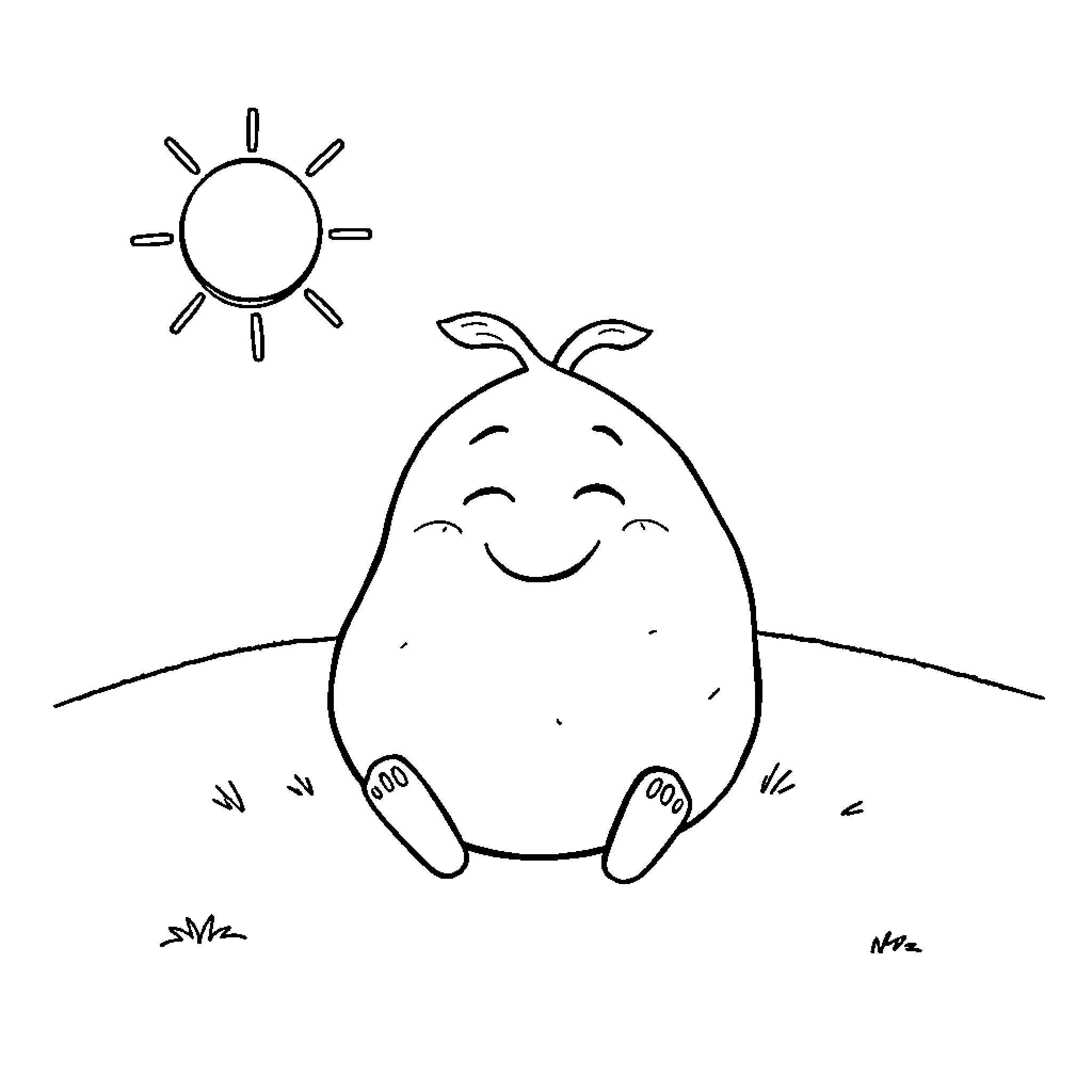 Potato relaxing in the sun Coloring Page (free black-and-white line drawing printable PDF for all, from beginners to advanced learners, including children, teens, adults, and seniors)