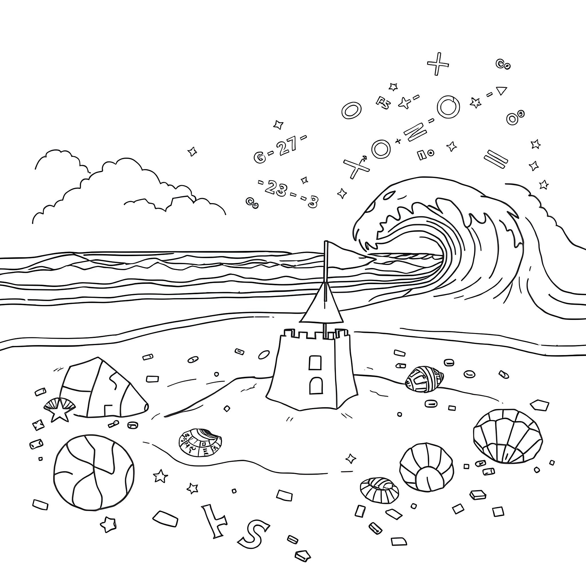 Math fun with shapes and patterns on the beach Coloring Page (free black-and-white line drawing printable PDF for all, from beginners to advanced learners, including children, teens, adults, and seniors)