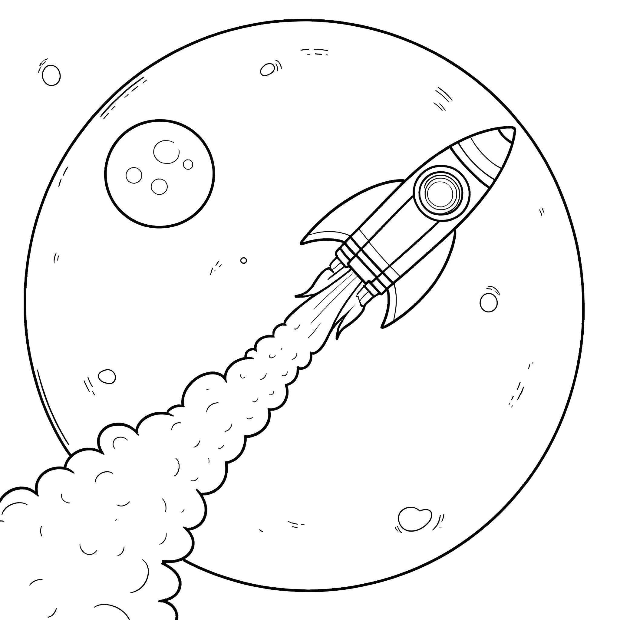 Rocket Ship Blasting Off into Space Coloring Page (free black-and-white line drawing printable PDF for all, from beginners to advanced learners, including children, teens, adults, and seniors)