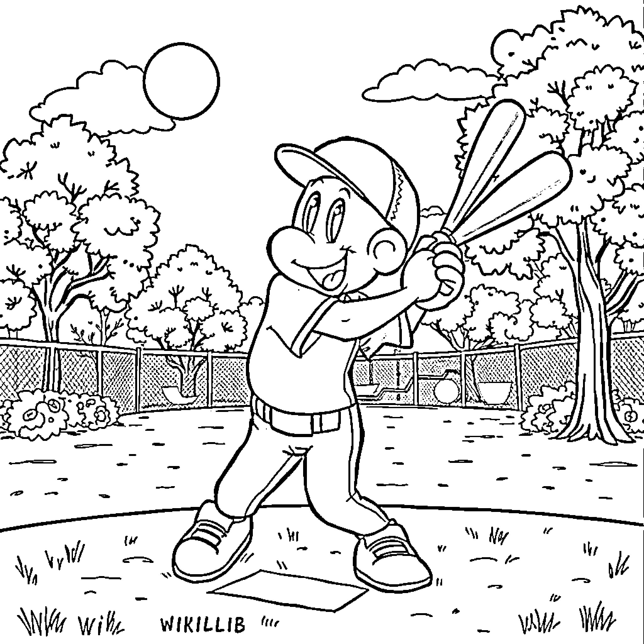 Bluey playing baseball in the park Coloring Page (free black-and-white line drawing printable PDF for all, from beginners to advanced learners, including children, teens, adults, and seniors)