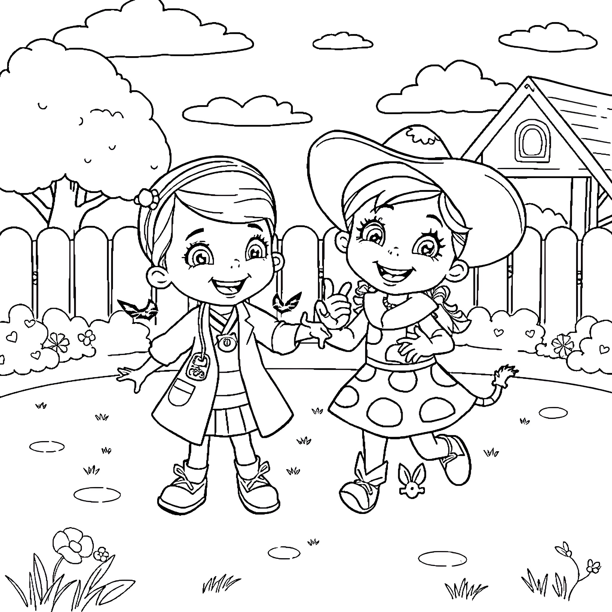 Doc McStuffins and friend exploring the neighborhood Coloring Page (free black-and-white line drawing printable PDF for all, from beginners to advanced learners, including children, teens, adults, and seniors)