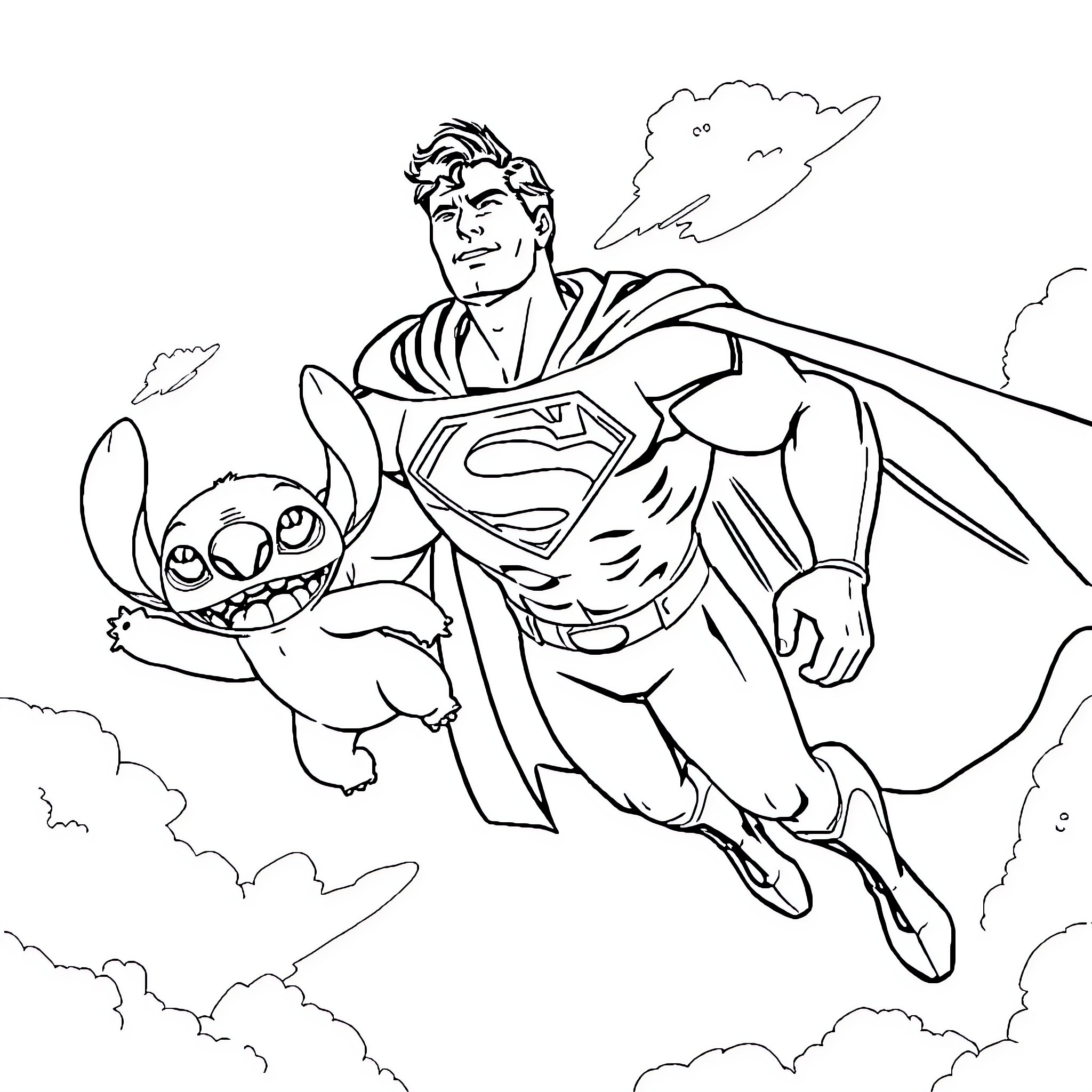 Superman rescues beloved creature in the sky Coloring Page (free black-and-white line drawing printable PDF for all, from beginners to advanced learners, including children, teens, adults, and seniors)