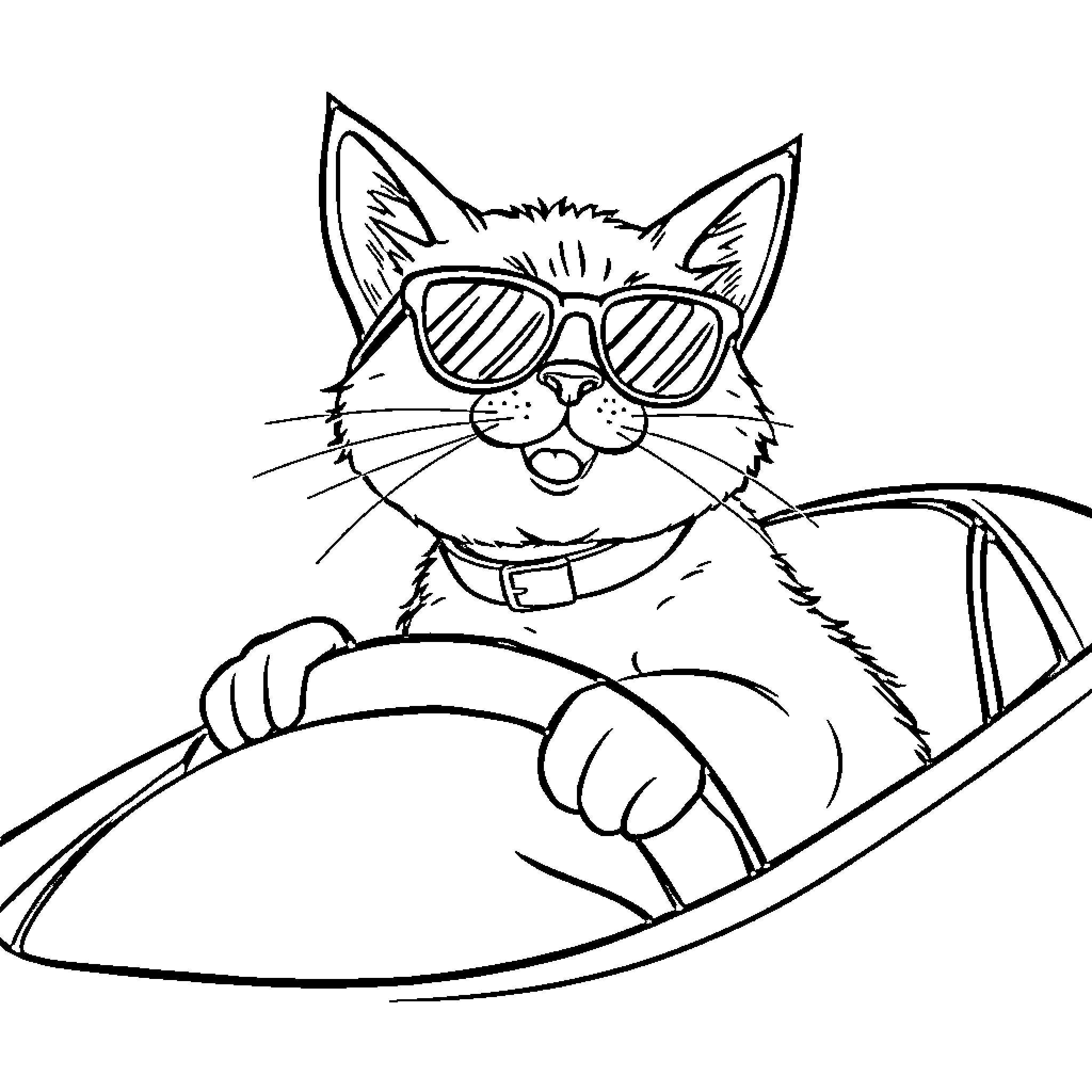 Cat driving car with sunglasses Coloring Page (free black-and-white line drawing printable PDF for all, from beginners to advanced learners, including children, teens, adults, and seniors)