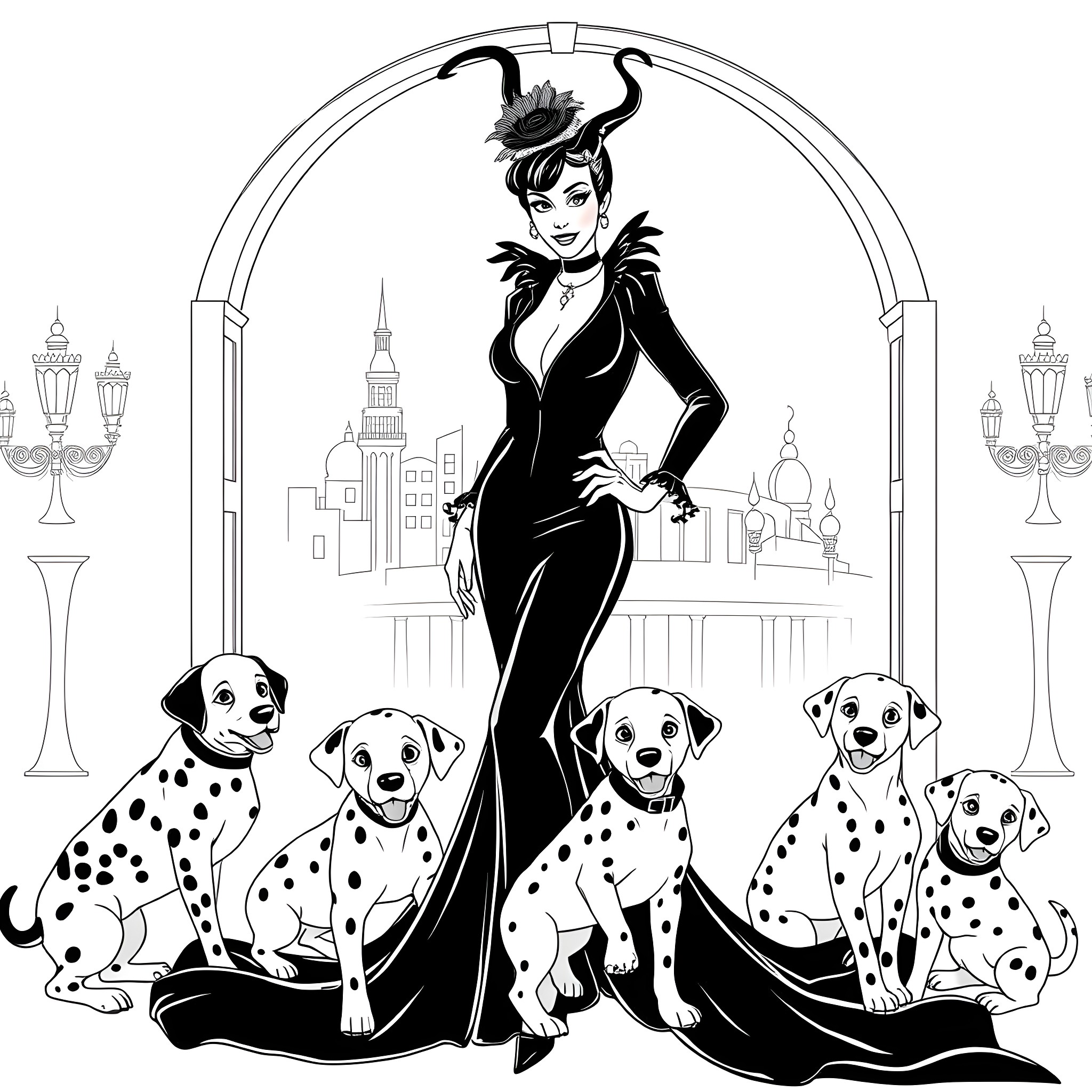 Cruella De Vil's Villainous Elegance with Dalmatian Companions Coloring Page (free black-and-white line drawing printable PDF for all, from beginners to advanced learners, including children, teens, adults, and seniors)