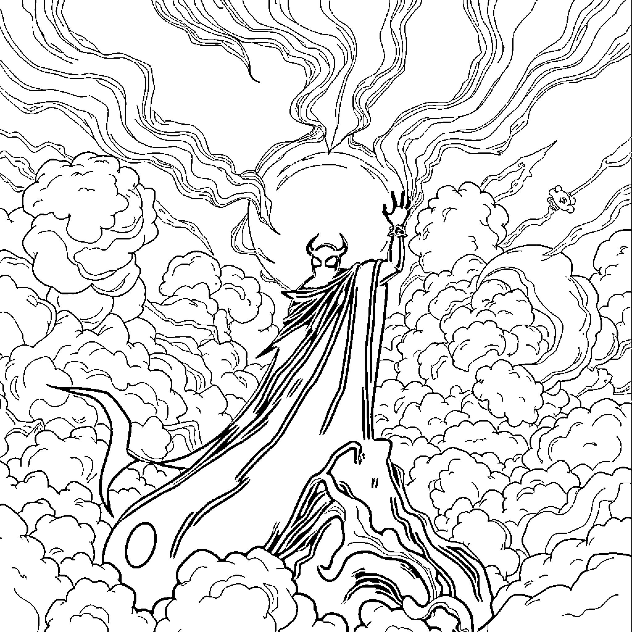 Spawn summoning power amidst cosmic clouds Coloring Page (free black-and-white line drawing printable PDF for all, from beginners to advanced learners, including children, teens, adults, and seniors)