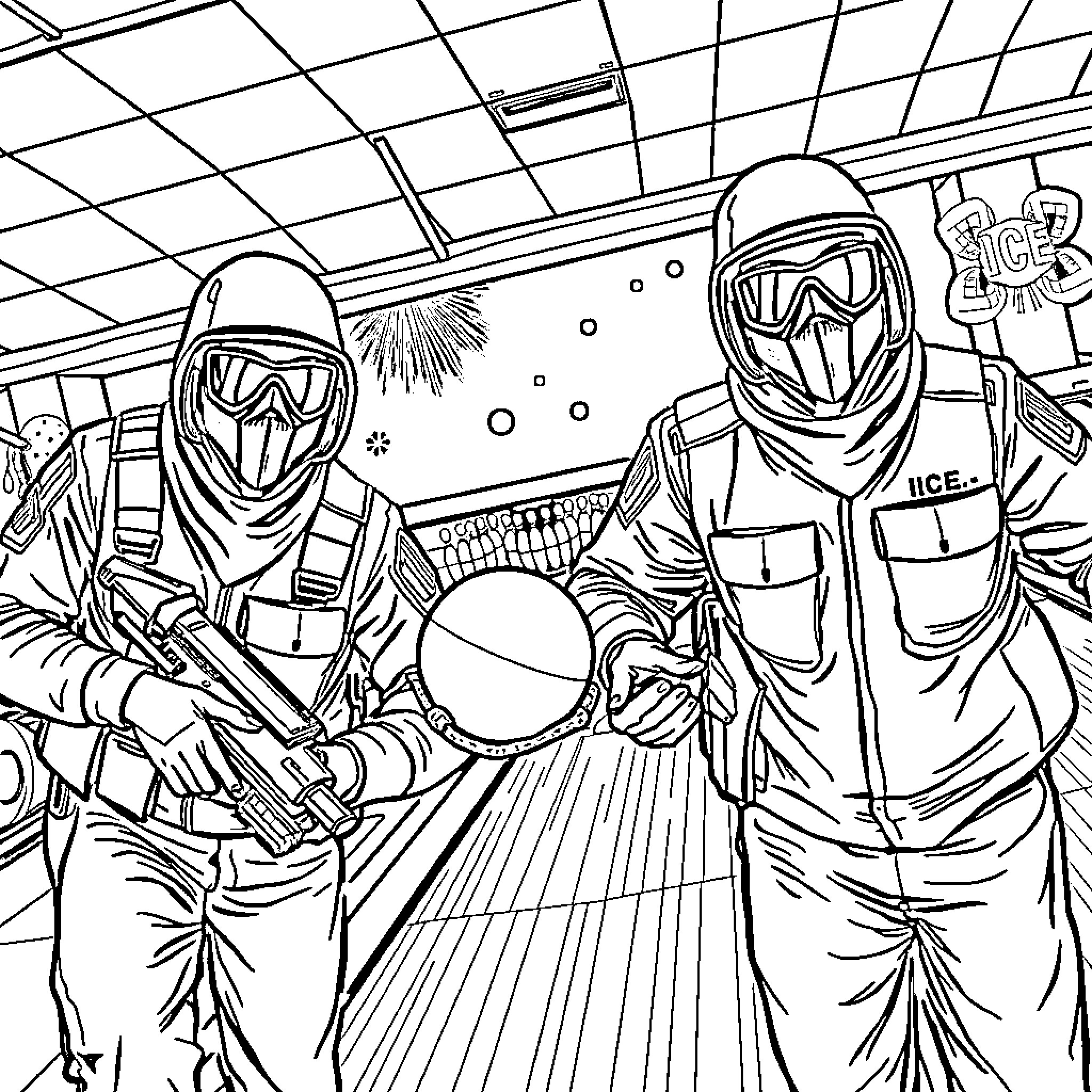 Ice Agents on Covert Winter Mission Coloring Page (free black-and-white line drawing printable PDF for all, from beginners to advanced learners, including children, teens, adults, and seniors)