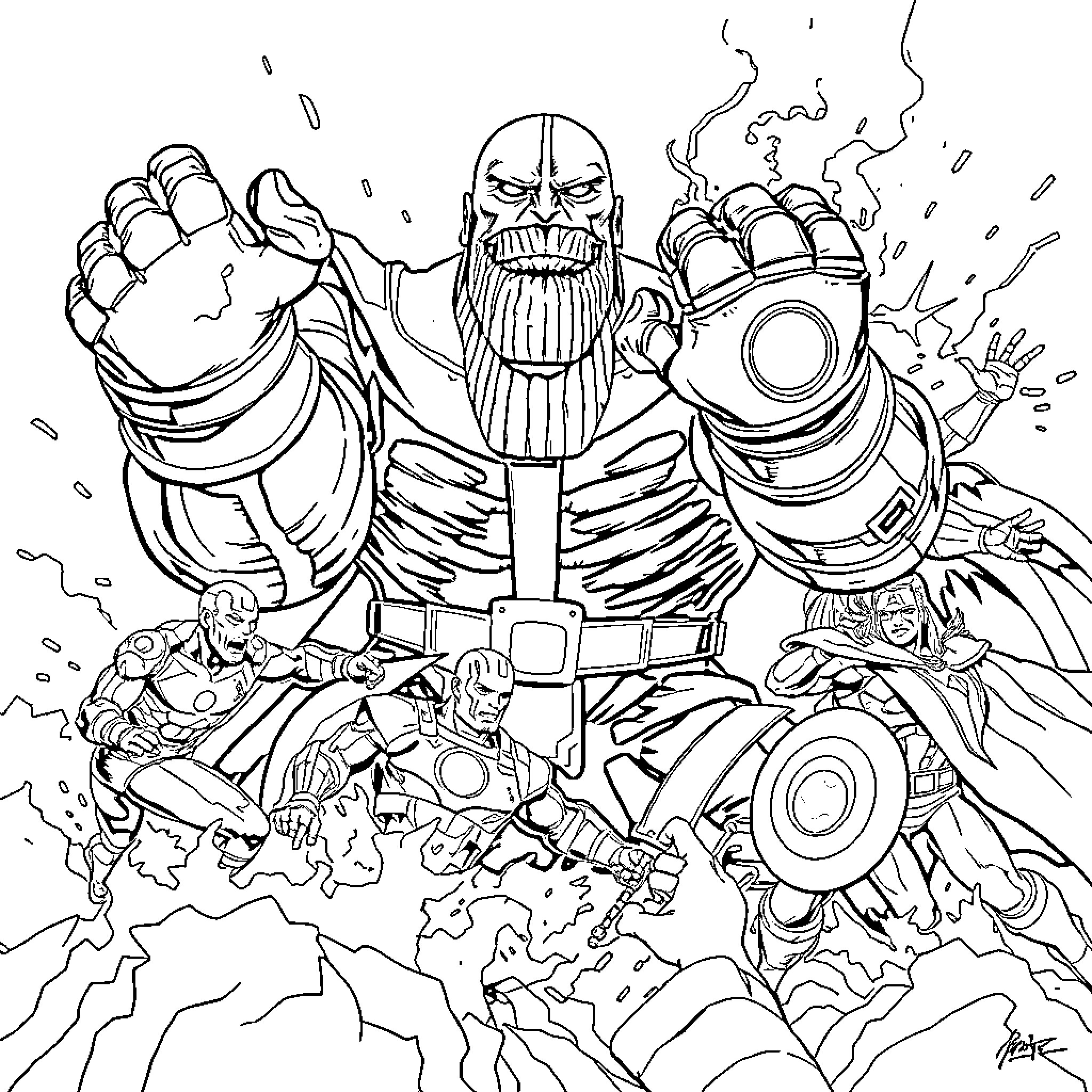 Thanos' Destructive Wrath Unleashed Coloring Page (free black-and-white line drawing printable PDF for all, from beginners to advanced learners, including children, teens, adults, and seniors)