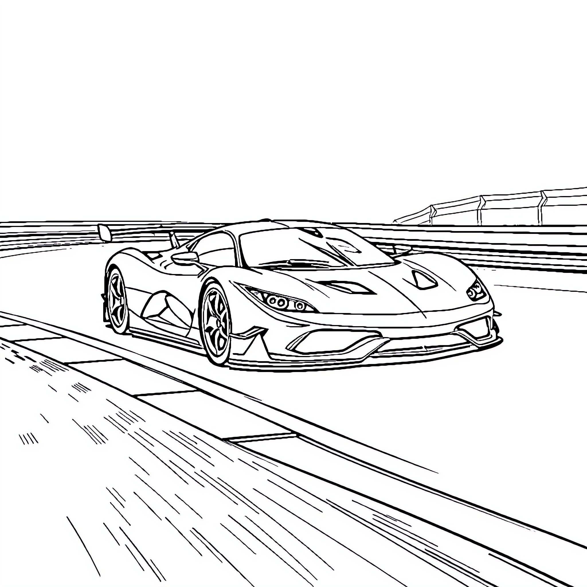 Sports Car racing on a track Coloring Page (free black-and-white line drawing printable PDF for all, from beginners to advanced learners, including children, teens, adults, and seniors)