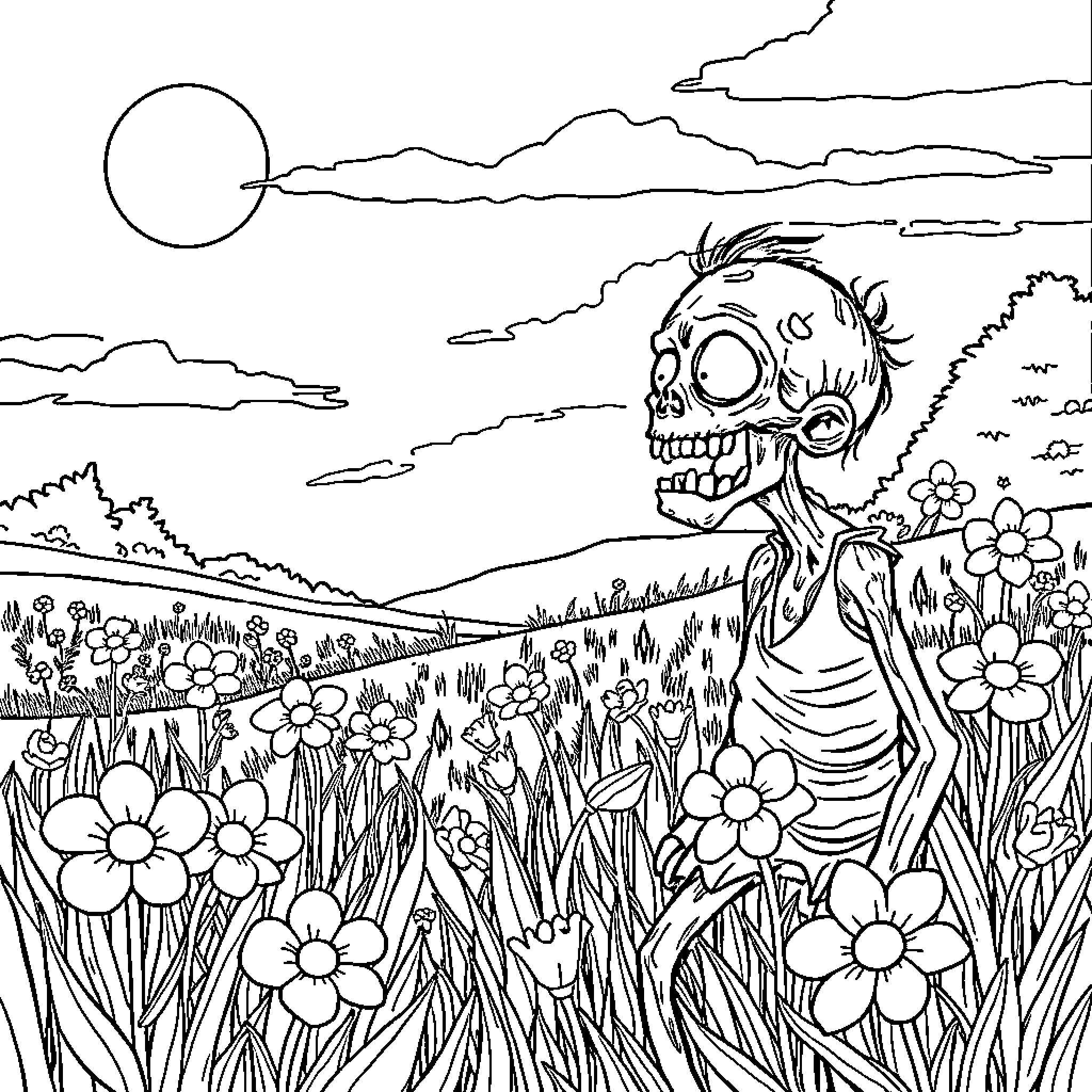 Zombie creature emerges from flowers in eerie landscape Coloring Page (free black-and-white line drawing printable PDF for all, from beginners to advanced learners, including children, teens, adults, and seniors)
