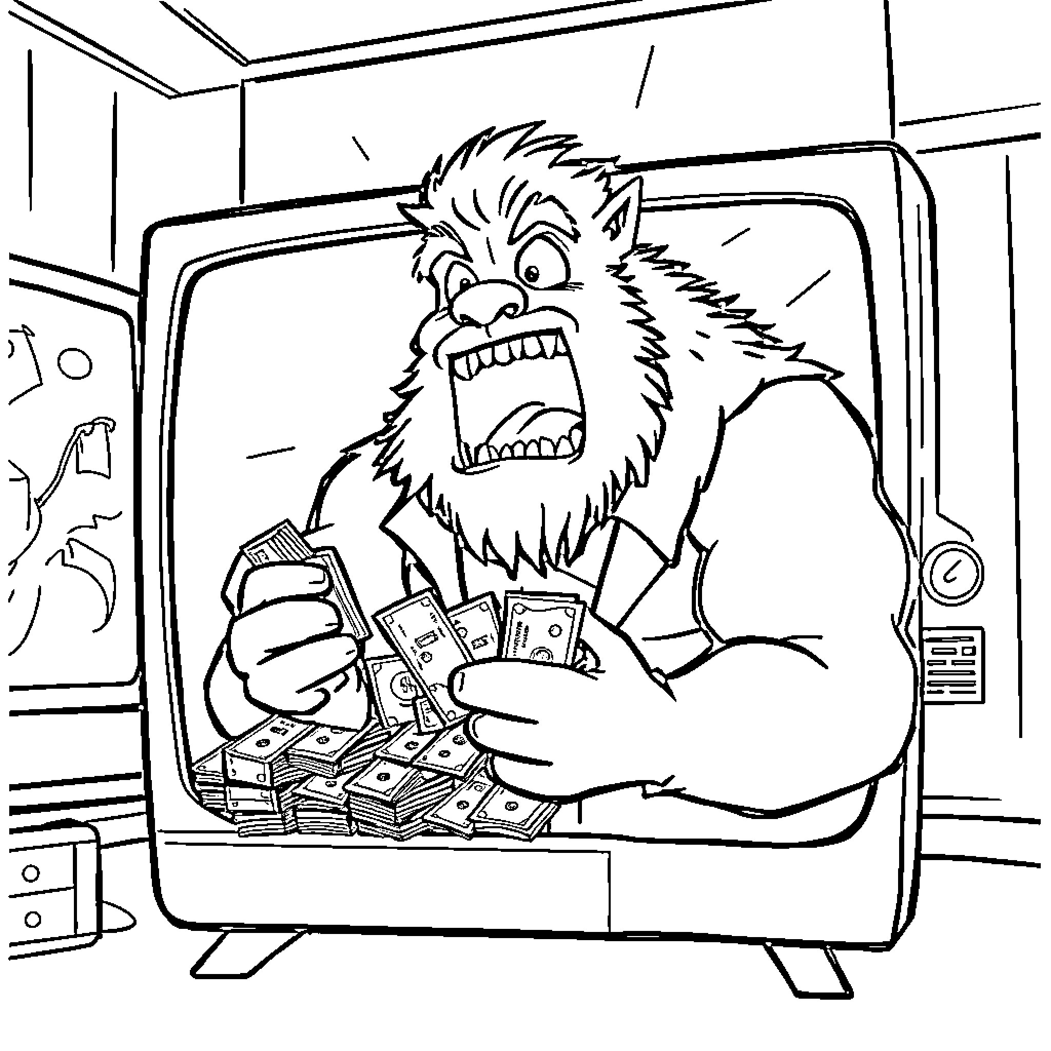 Mr Beast's Angry Cash Grab Coloring Page (free black-and-white line drawing printable PDF for all, from beginners to advanced learners, including children, teens, adults, and seniors)