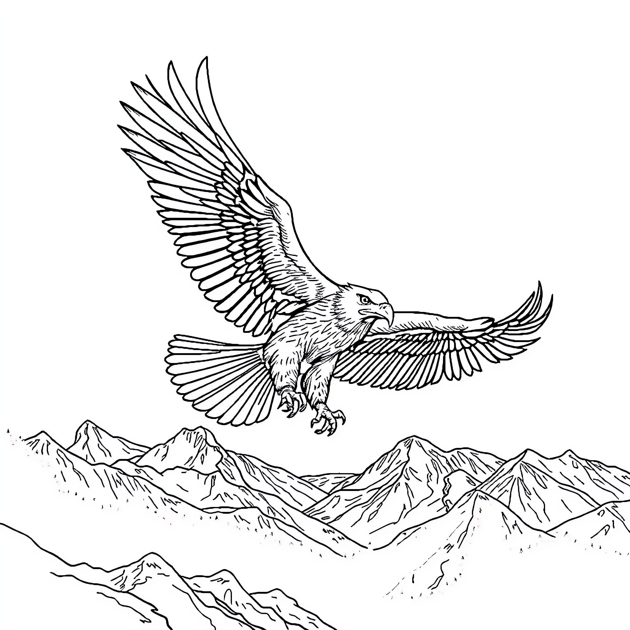 Eagle soaring gracefully over majestic mountains Coloring Page (free black-and-white line drawing printable PDF for all, from beginners to advanced learners, including children, teens, adults, and seniors)