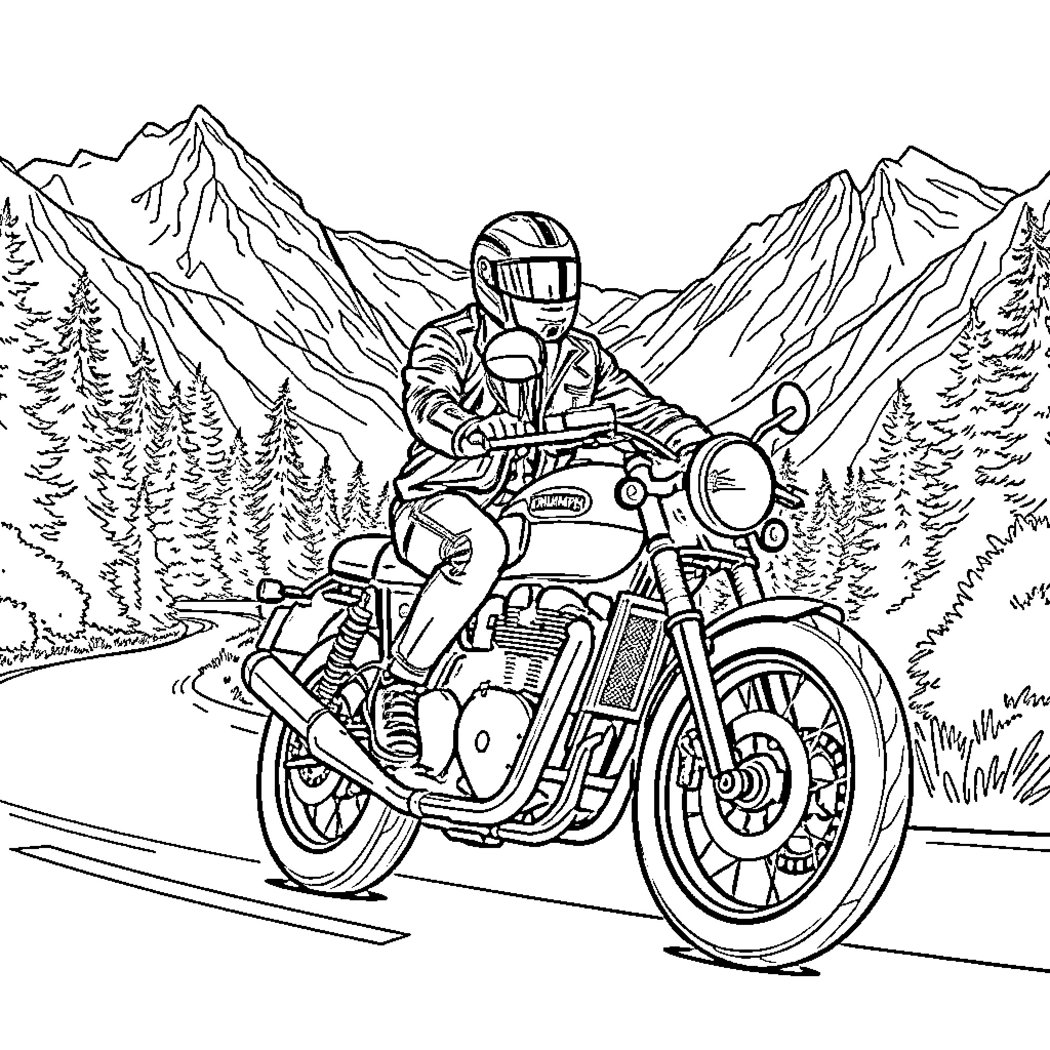 Man riding motorcycle on mountain road Coloring Page (free black-and-white line drawing printable PDF for all, from beginners to advanced learners, including children, teens, adults, and seniors)