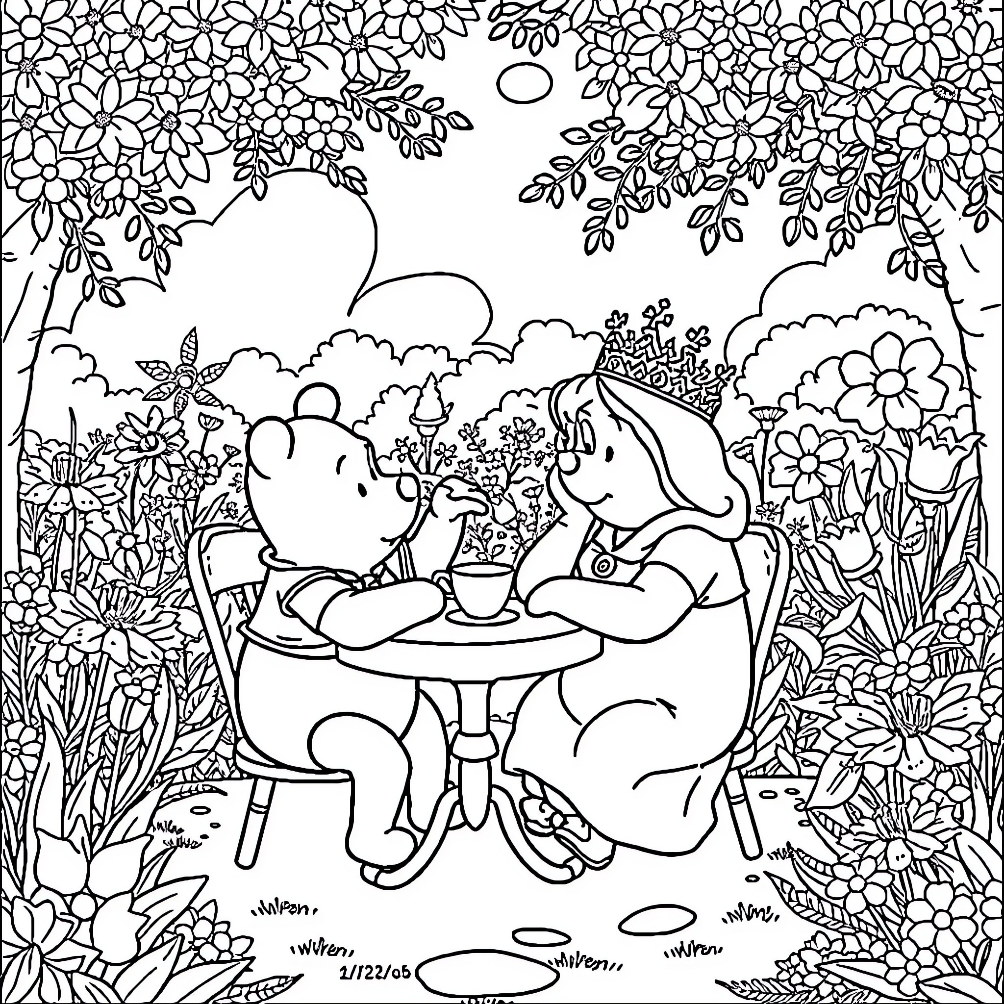 Winnie The Pooh enjoying a picnic with friends in the garden Coloring Page (free black-and-white line drawing printable PDF for all, from beginners to advanced learners, including children, teens, adults, and seniors)