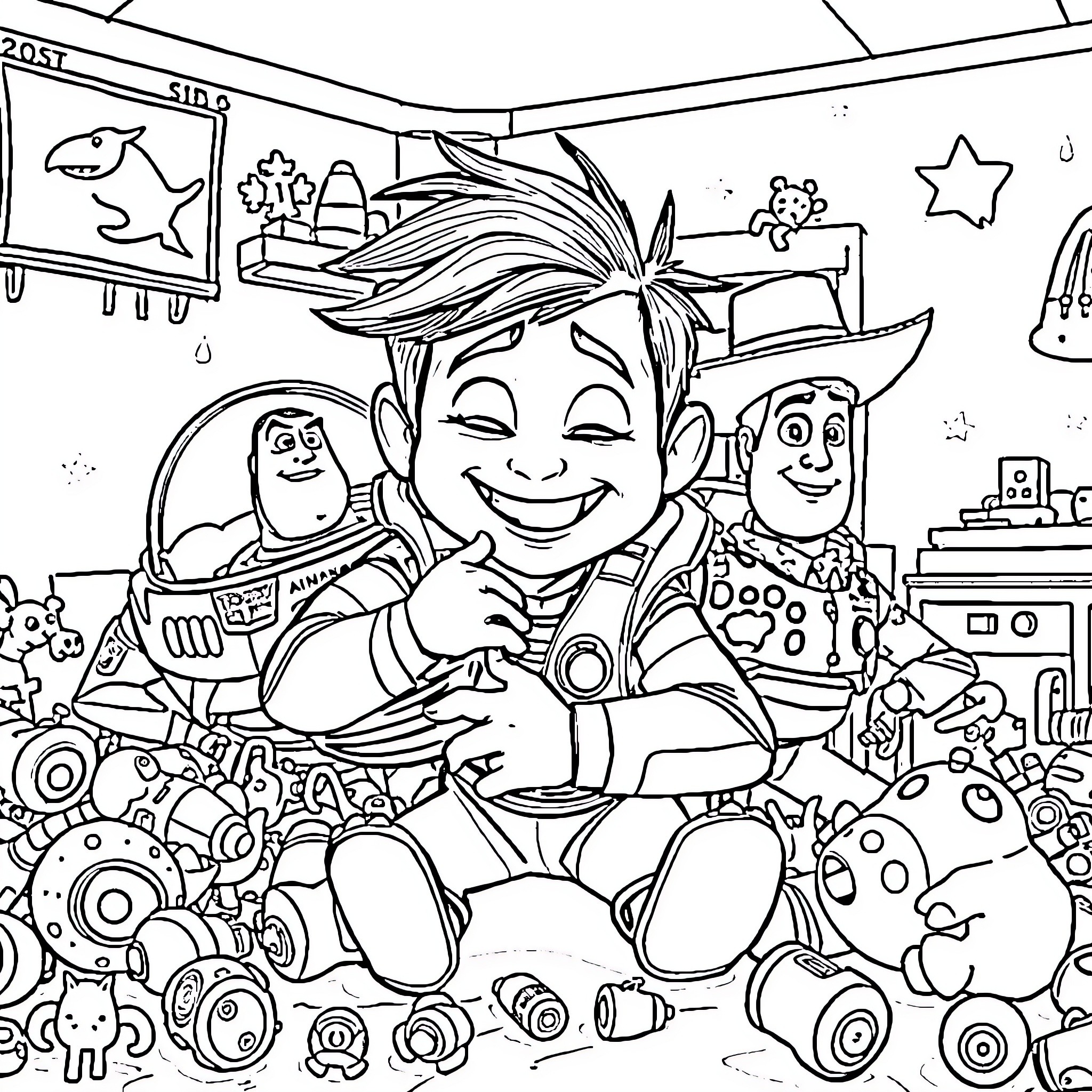 Sid's Playful Adventure Among Toy Friends Coloring Page (free black-and-white line drawing printable PDF for all, from beginners to advanced learners, including children, teens, adults, and seniors)
