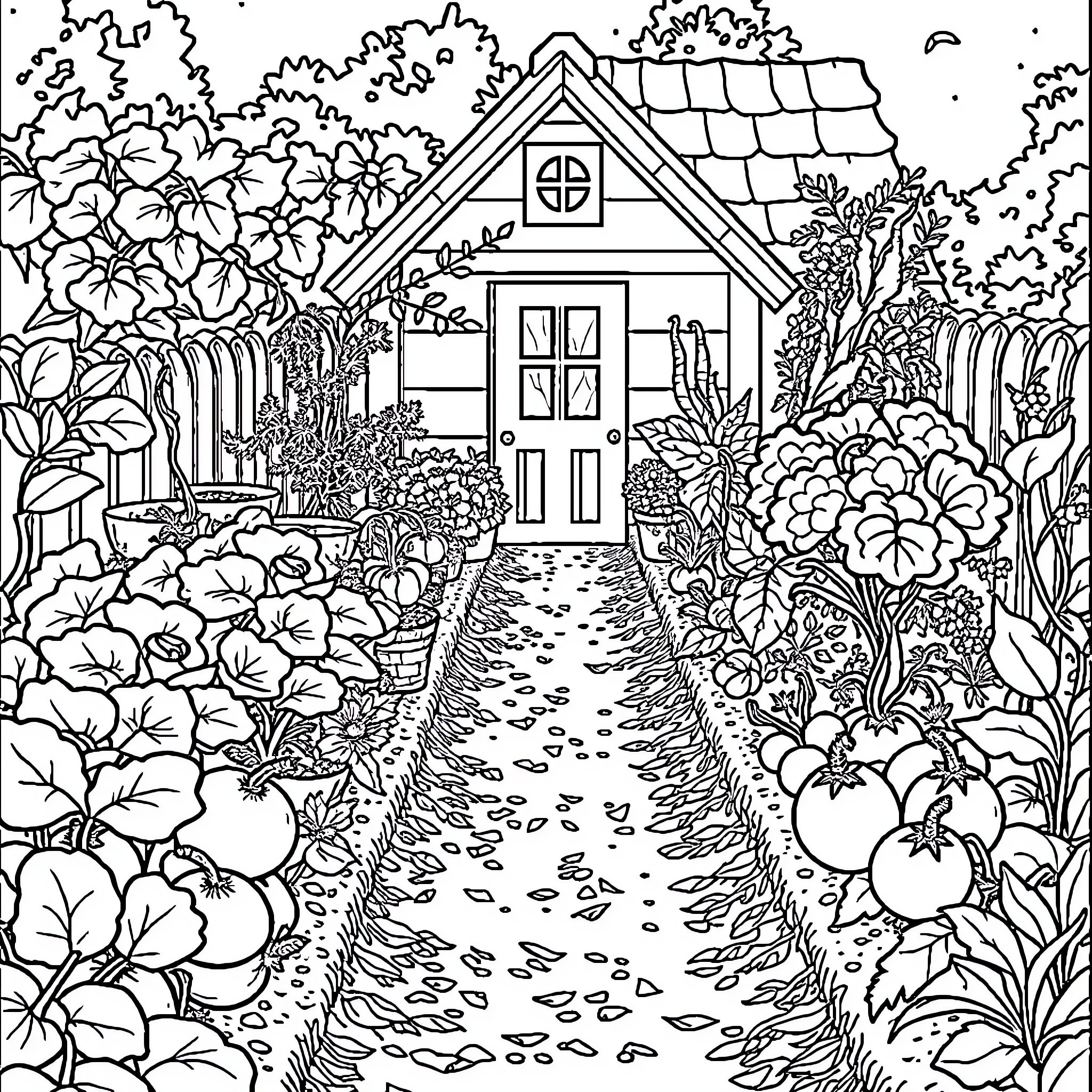 Garden Cottage Surrounded by Lush Foliage Coloring Page (free black-and-white line drawing printable PDF for all, from beginners to advanced learners, including children, teens, adults, and seniors)