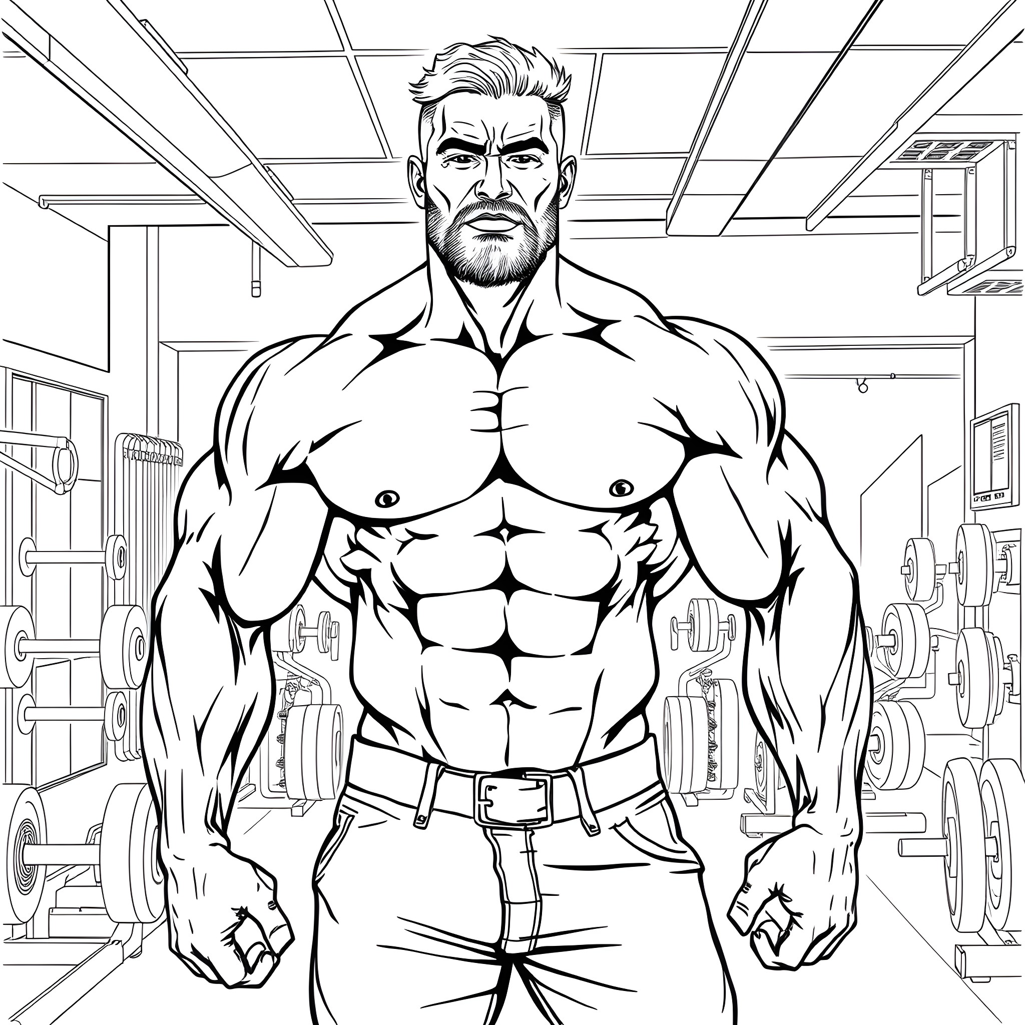 Man flexing muscular physique in gym Coloring Page (free black-and-white line drawing printable PDF for all, from beginners to advanced learners, including children, teens, adults, and seniors)