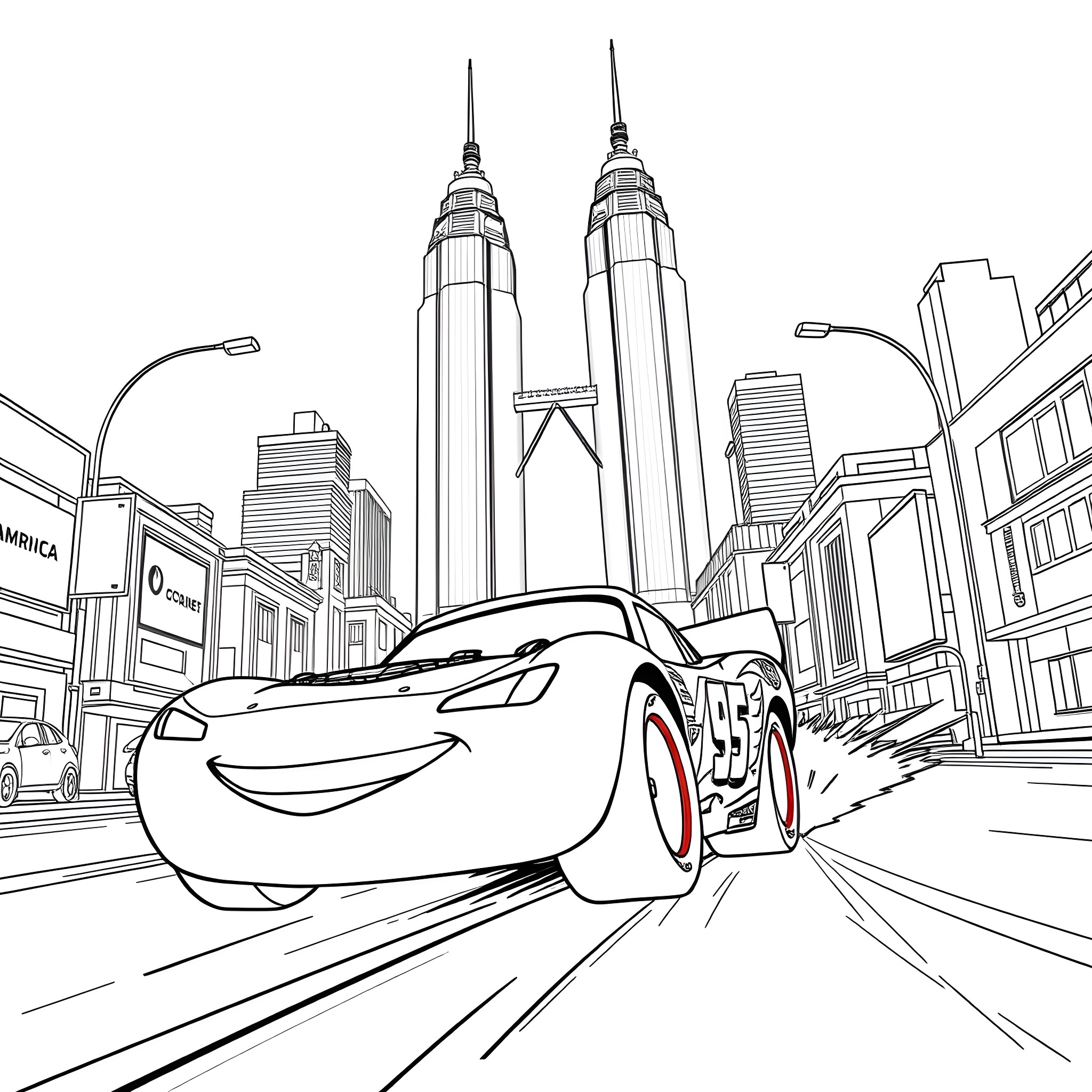 Lightning McQueen racing through the city streets Coloring Page (free black-and-white line drawing printable PDF for all, from beginners to advanced learners, including children, teens, adults, and seniors)