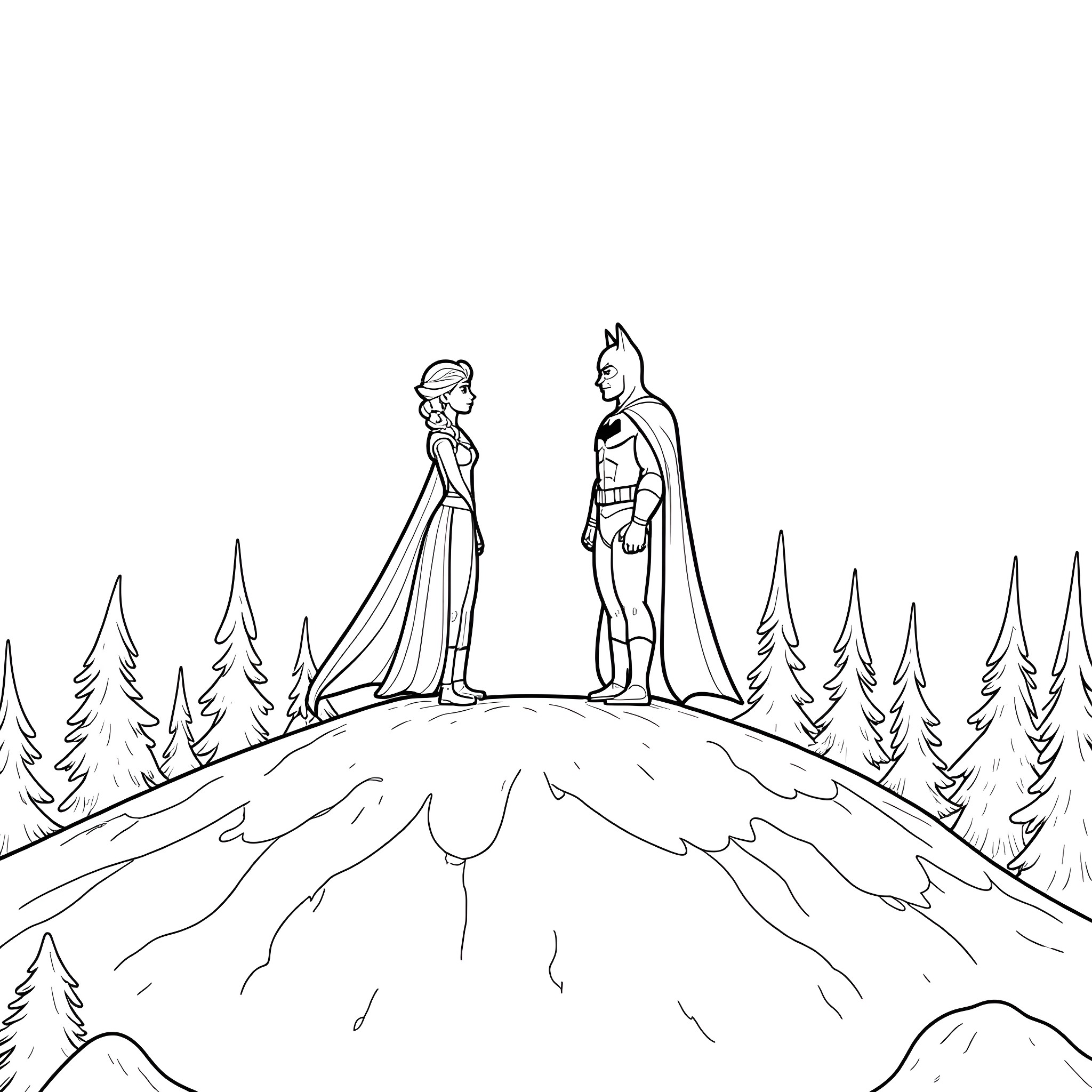 Elsa and Batman overlooking a snowy landscape Coloring Page (free black-and-white line drawing printable PDF for all, from beginners to advanced learners, including children, teens, adults, and seniors)