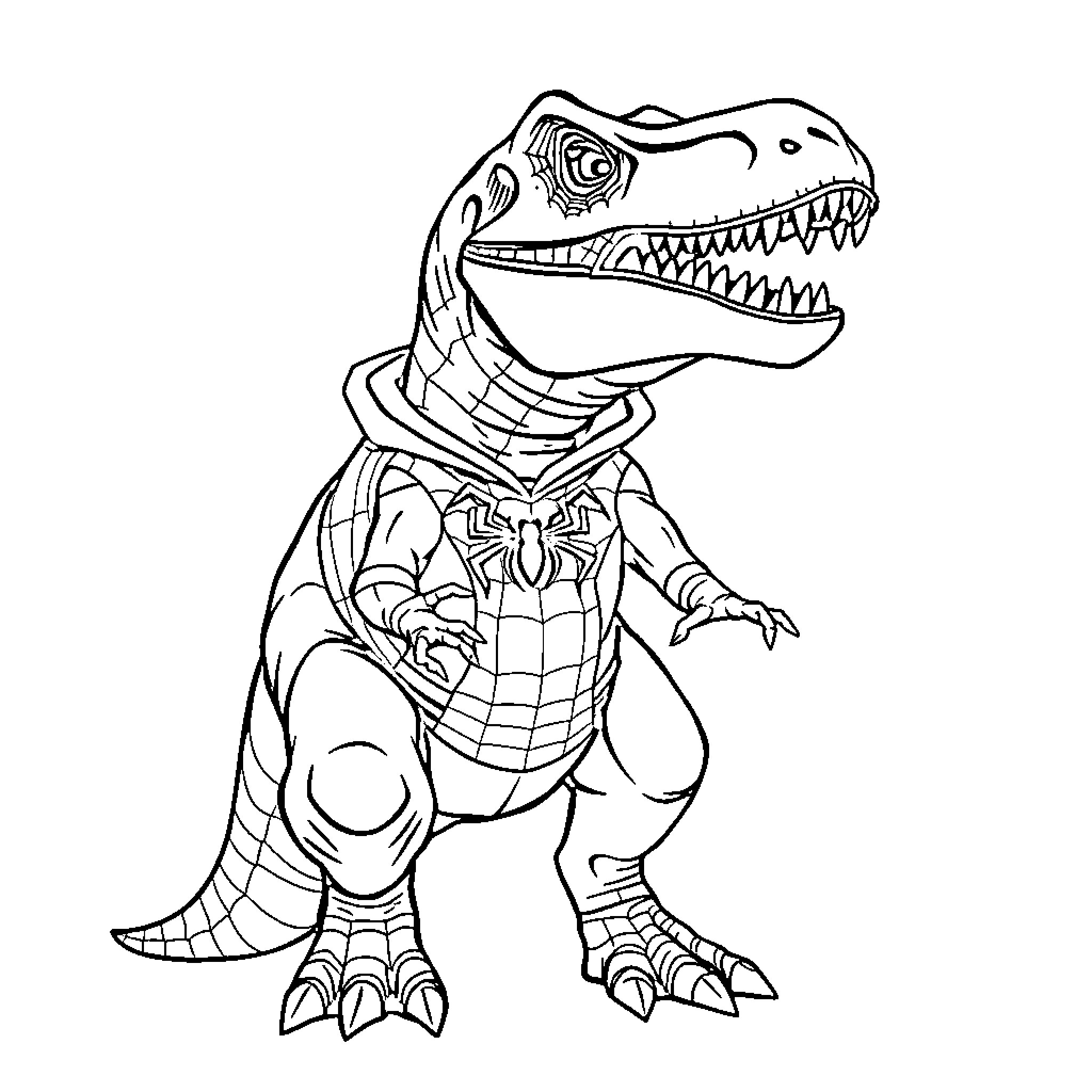Trex in superhero costume with action pose Coloring Page (free black-and-white line drawing printable PDF for all, from beginners to advanced learners, including children, teens, adults, and seniors)
