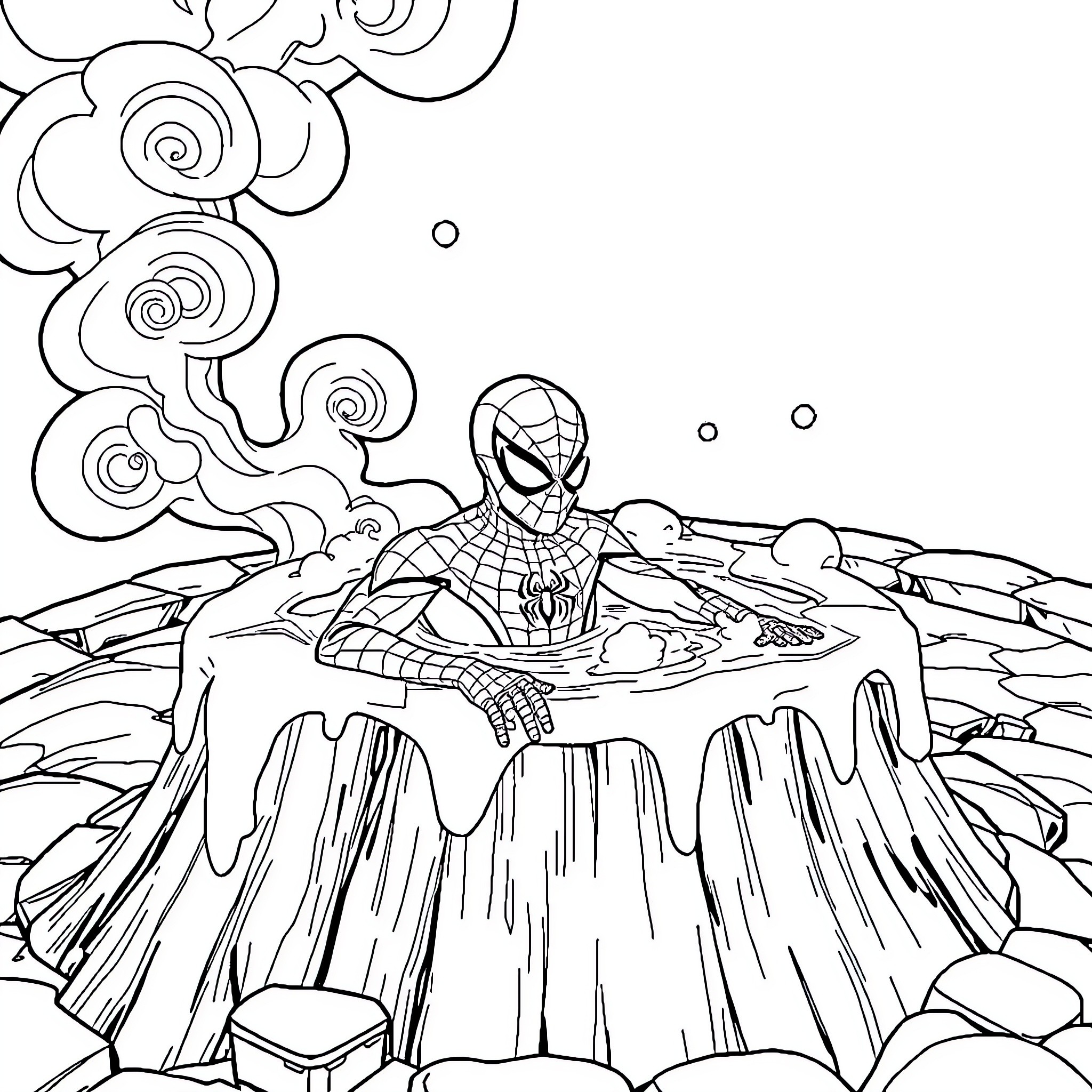 Spiderman in action at the waterfall Coloring Page (free black-and-white line drawing printable PDF for all, from beginners to advanced learners, including children, teens, adults, and seniors)