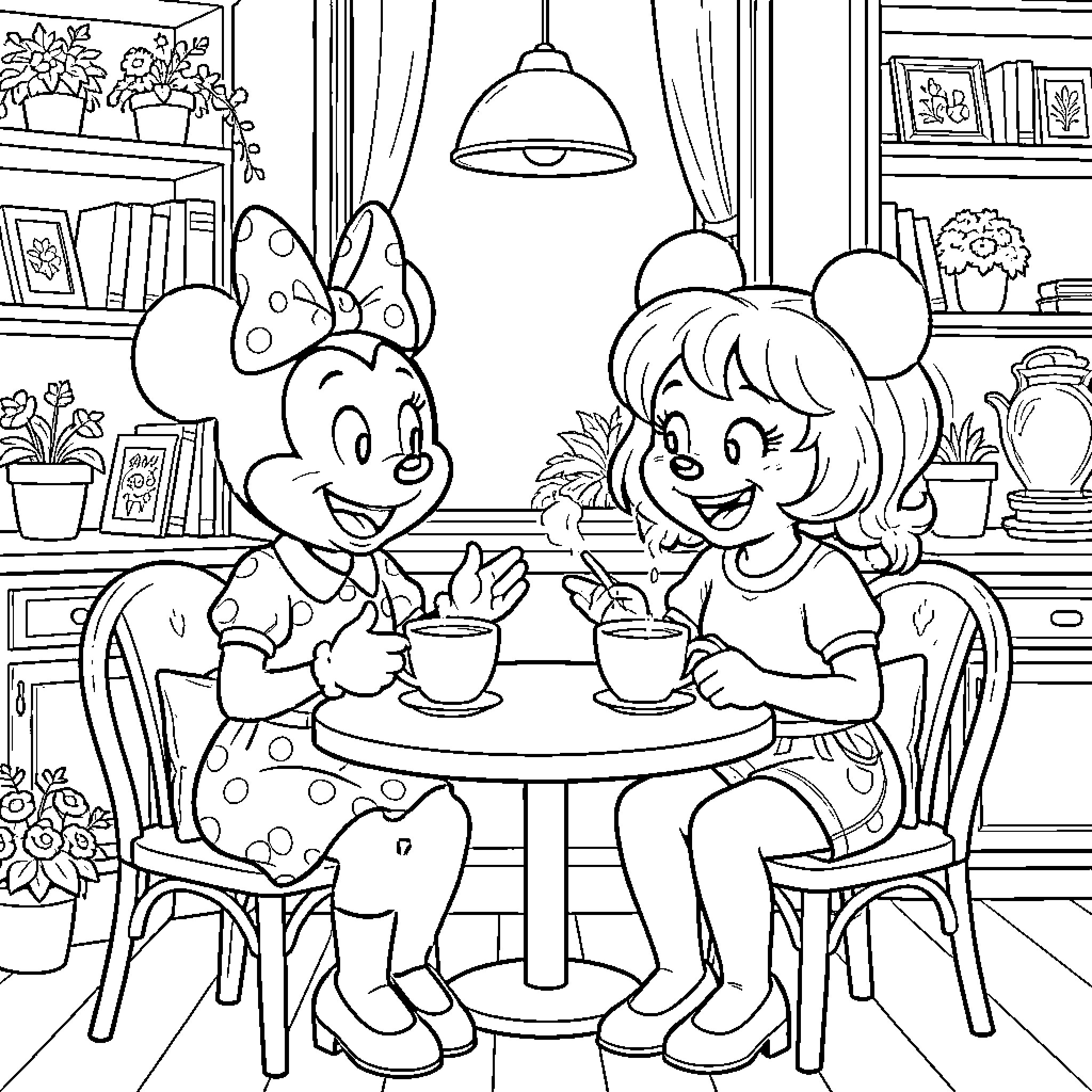 Minnie having tea with a friend at a cafe Coloring Page (free black-and-white line drawing printable PDF for all, from beginners to advanced learners, including children, teens, adults, and seniors)