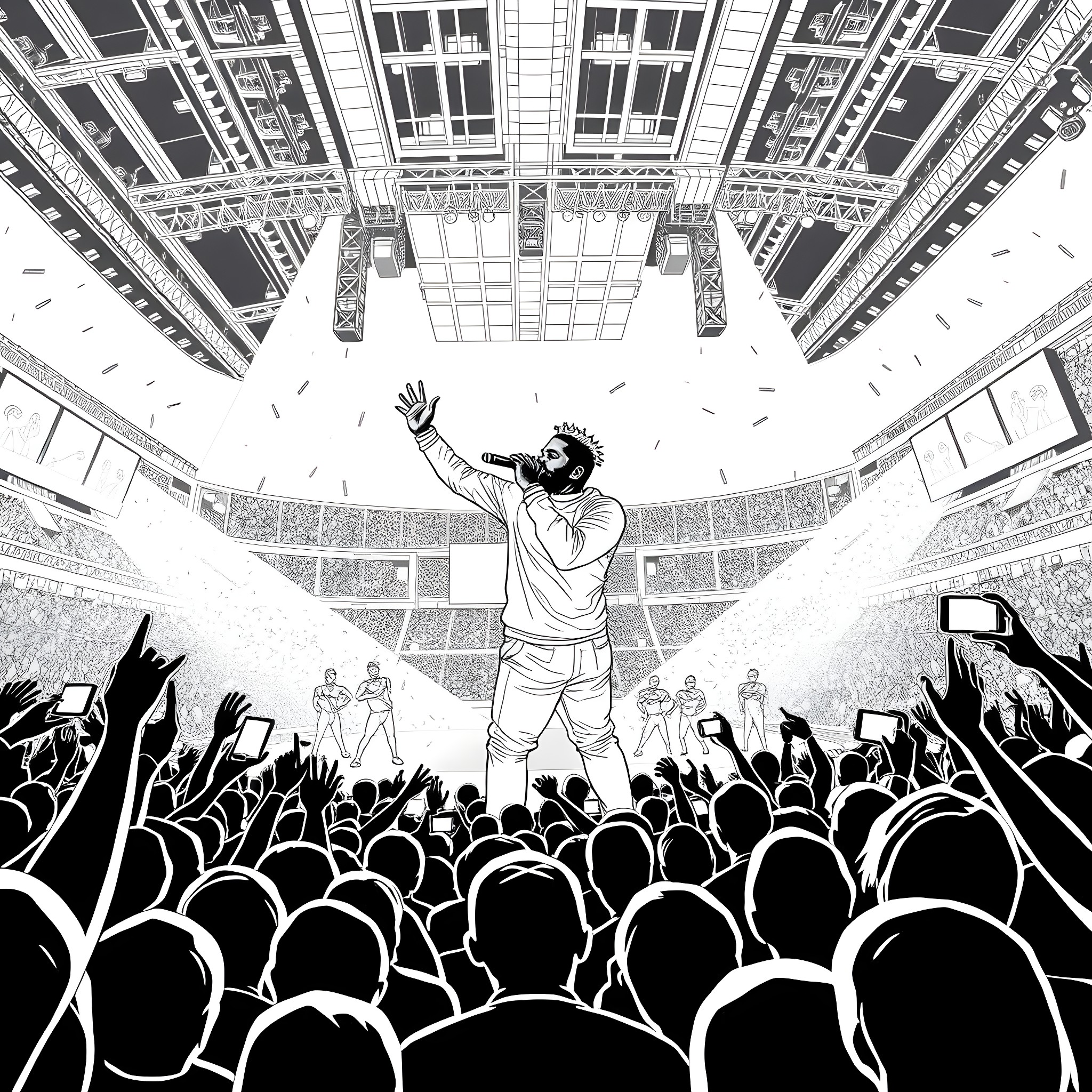 Kendrick Lamar performing on stage before cheering crowd Coloring Page (free black-and-white line drawing printable PDF for all, from beginners to advanced learners, including children, teens, adults, and seniors)