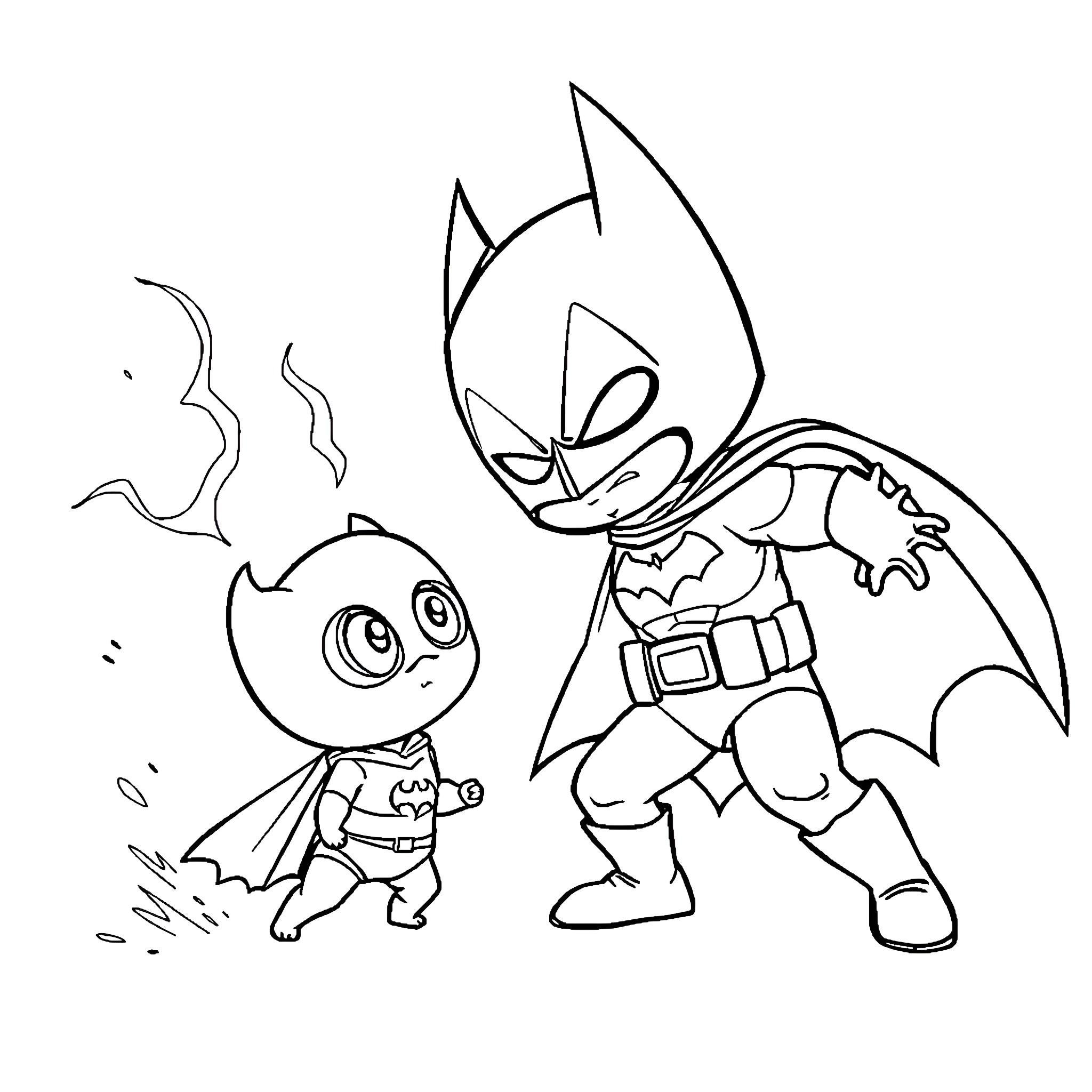 Batman confronts a curious creature Coloring Page (free black-and-white line drawing printable PDF for all, from beginners to advanced learners, including children, teens, adults, and seniors)