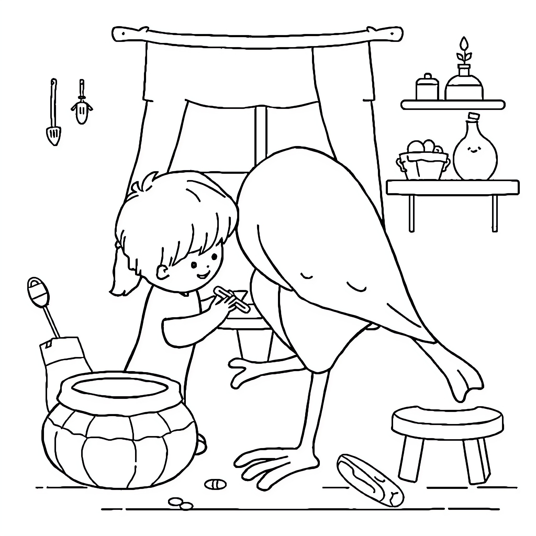 Household Chores: Children Helping with Cleaning Tasks Coloring Page (free black-and-white line drawing printable PDF for all, from beginners to advanced learners, including children, teens, adults, and seniors)