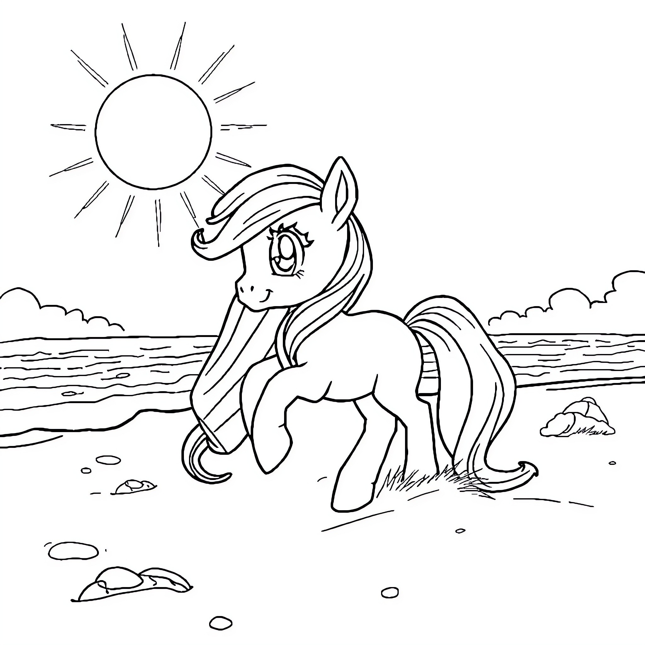 Pony enjoying a sunny day on the beach Coloring Page (free black-and-white line drawing printable PDF for all, from beginners to advanced learners, including children, teens, adults, and seniors)