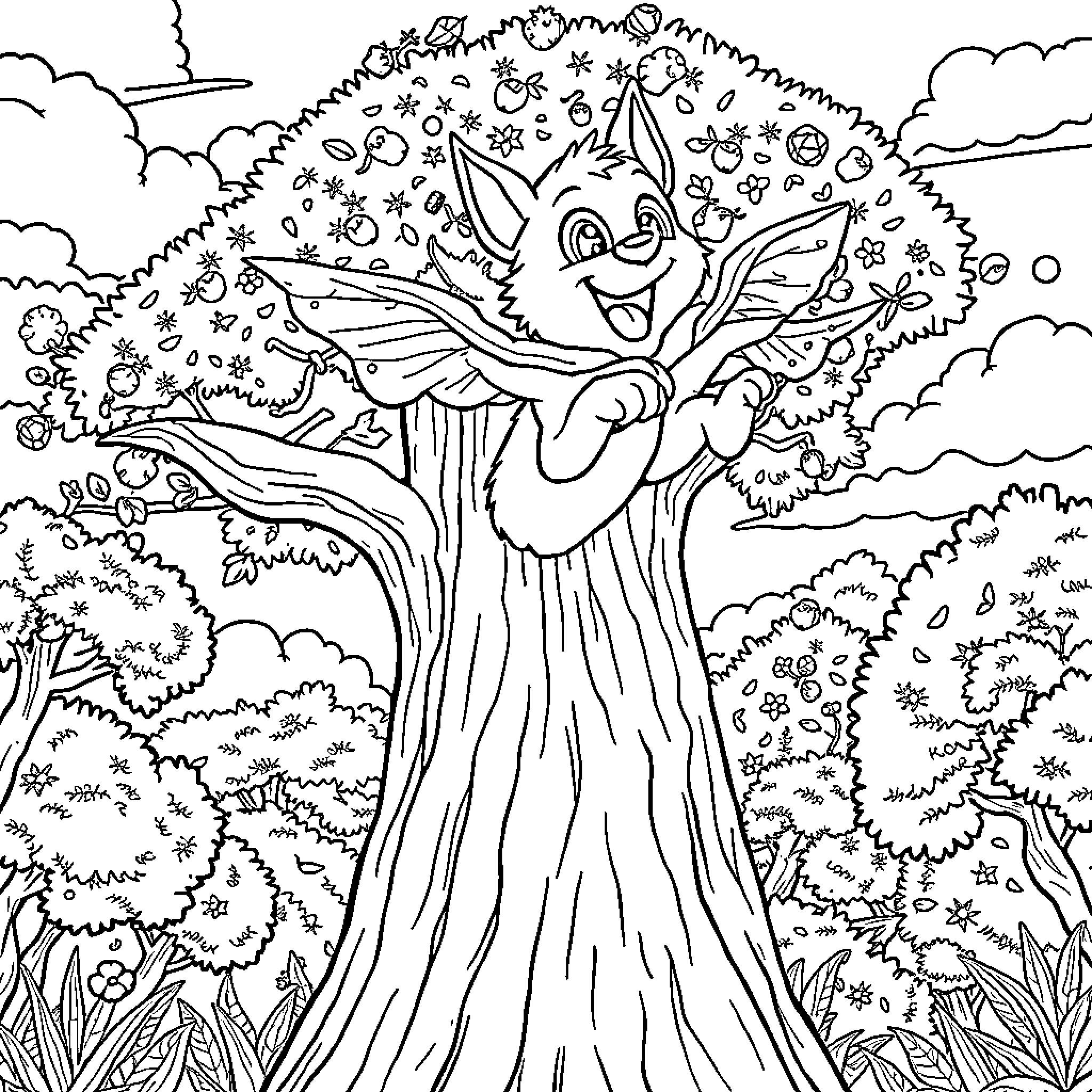 Criptón's Enchanted Forest Adventure Coloring Page (free black-and-white line drawing printable PDF for all, from beginners to advanced learners, including children, teens, adults, and seniors)