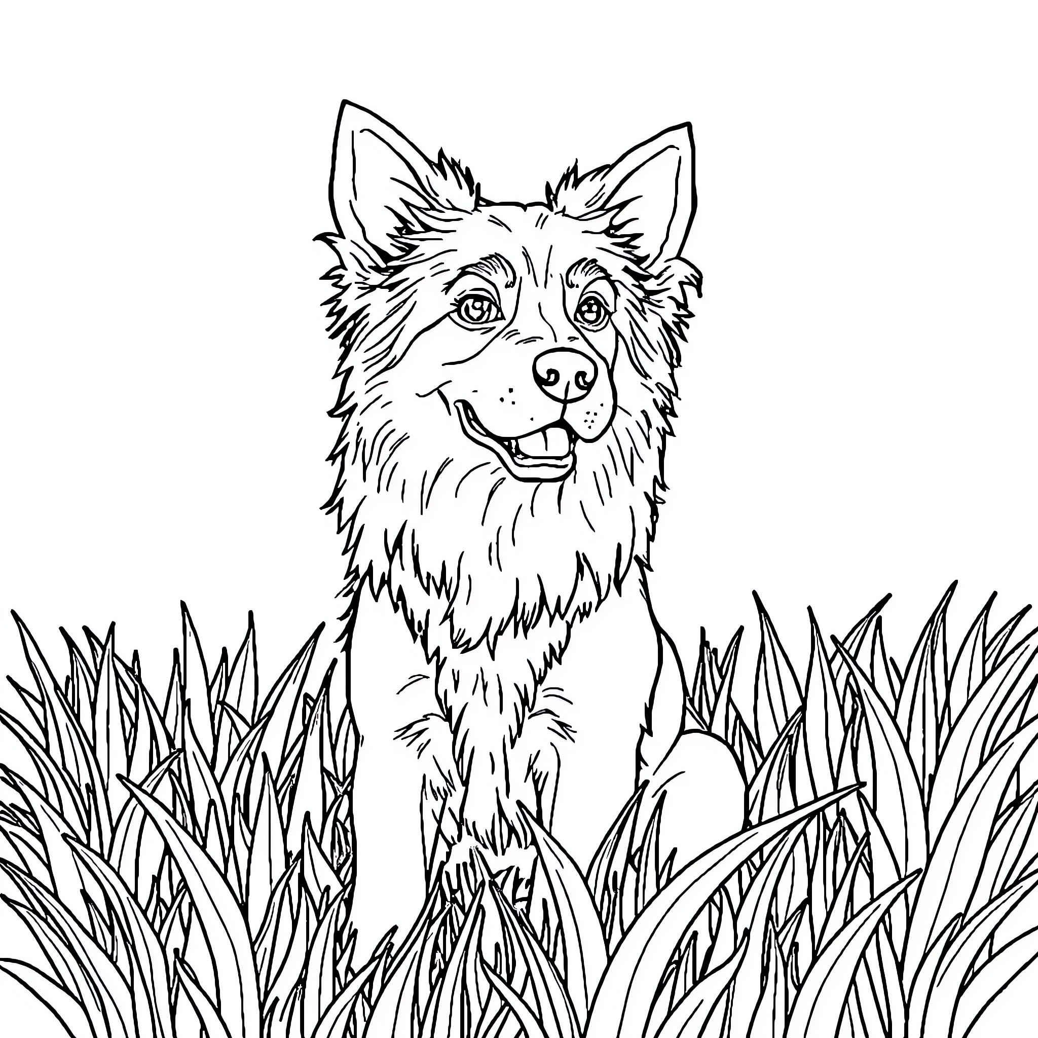 Dog happily sitting in tall grass Coloring Page (free black-and-white line drawing printable PDF for all, from beginners to advanced learners, including children, teens, adults, and seniors)