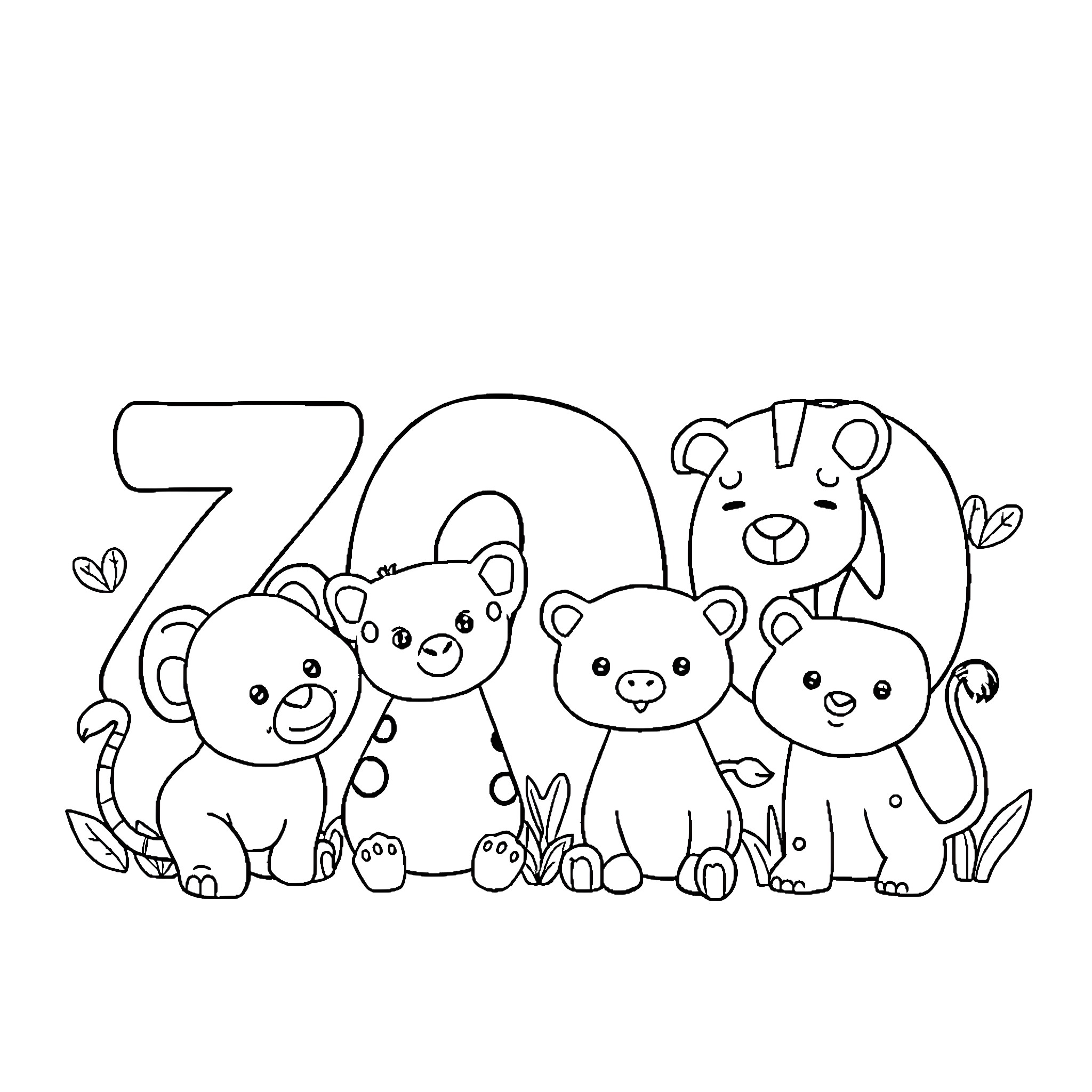 Animal zoo animals gathered together Coloring Page (free black-and-white line drawing printable PDF for all, from beginners to advanced learners, including children, teens, adults, and seniors)