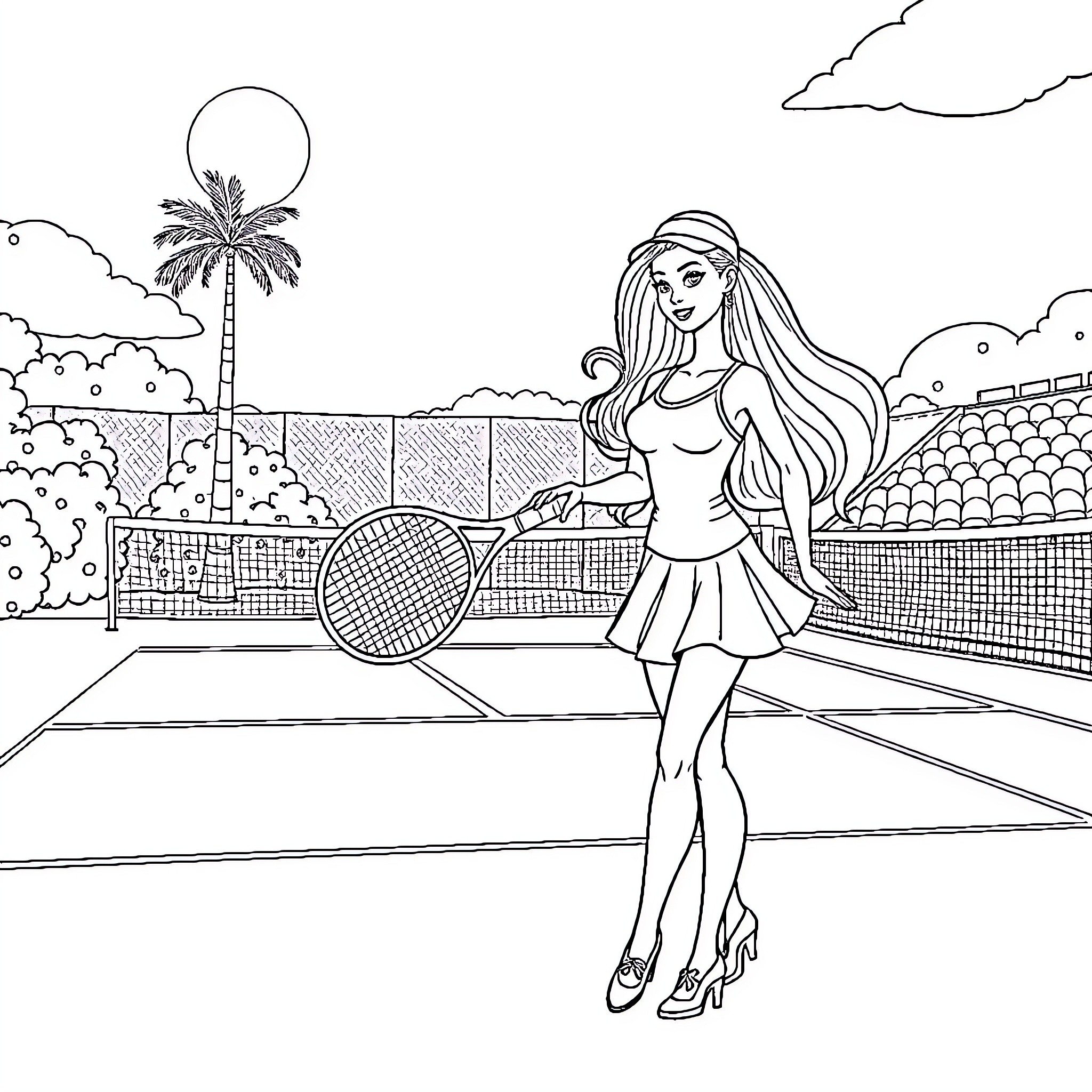 Barbie playing tennis on a sunny day Coloring Page (free black-and-white line drawing printable PDF for all, from beginners to advanced learners, including children, teens, adults, and seniors)