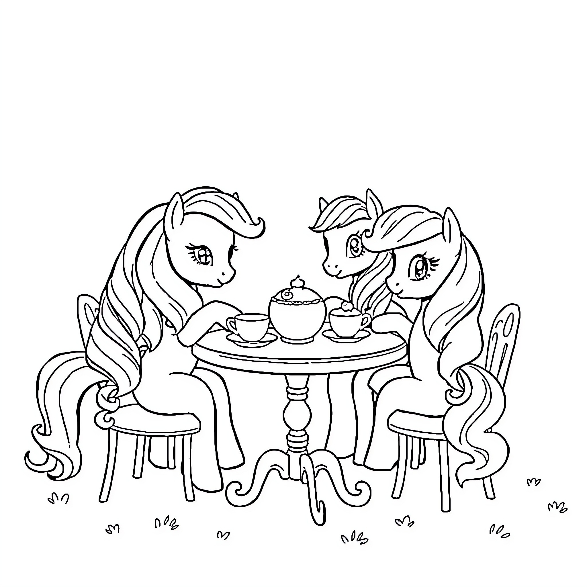 Pony friends enjoying a cozy tea party Coloring Page (free black-and-white line drawing printable PDF for all, from beginners to advanced learners, including children, teens, adults, and seniors)