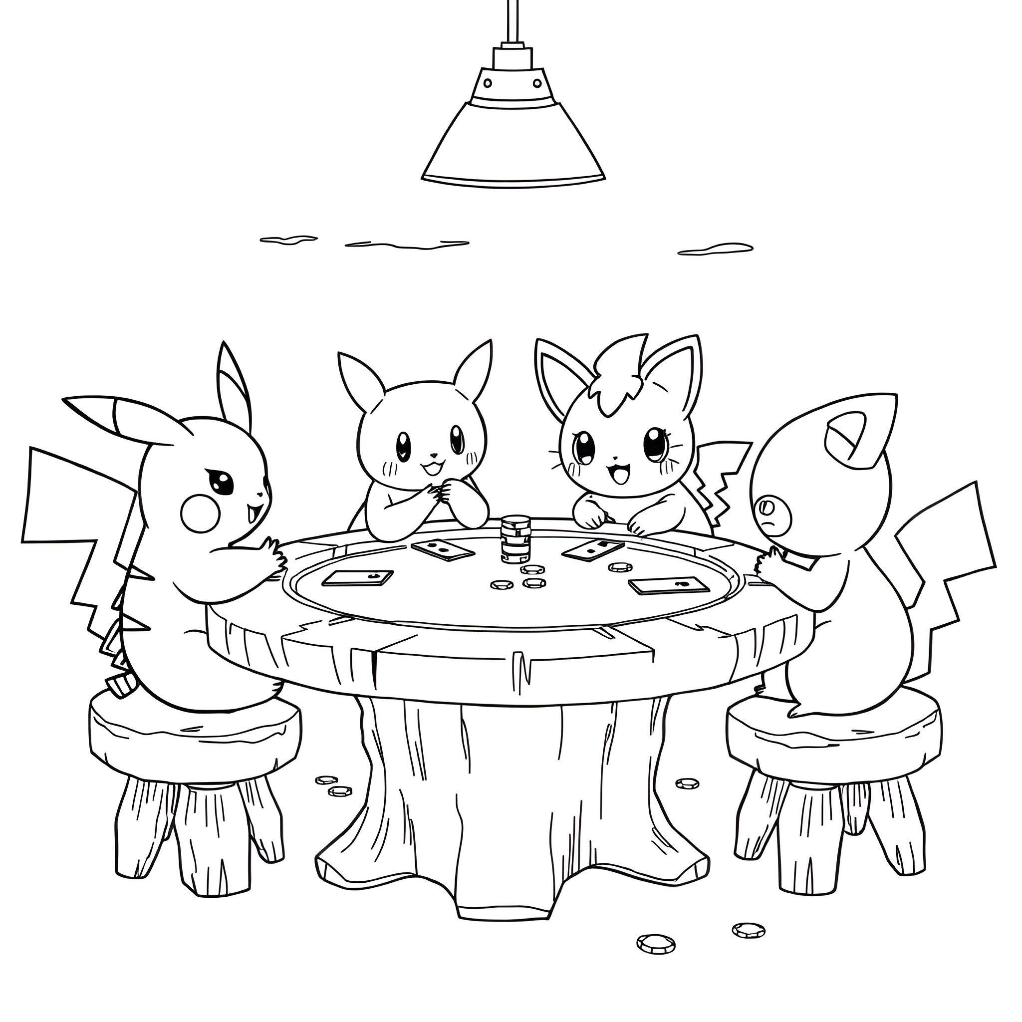 Pokémon friends having a fun gathering Coloring Page (free black-and-white line drawing printable PDF for all, from beginners to advanced learners, including children, teens, adults, and seniors)