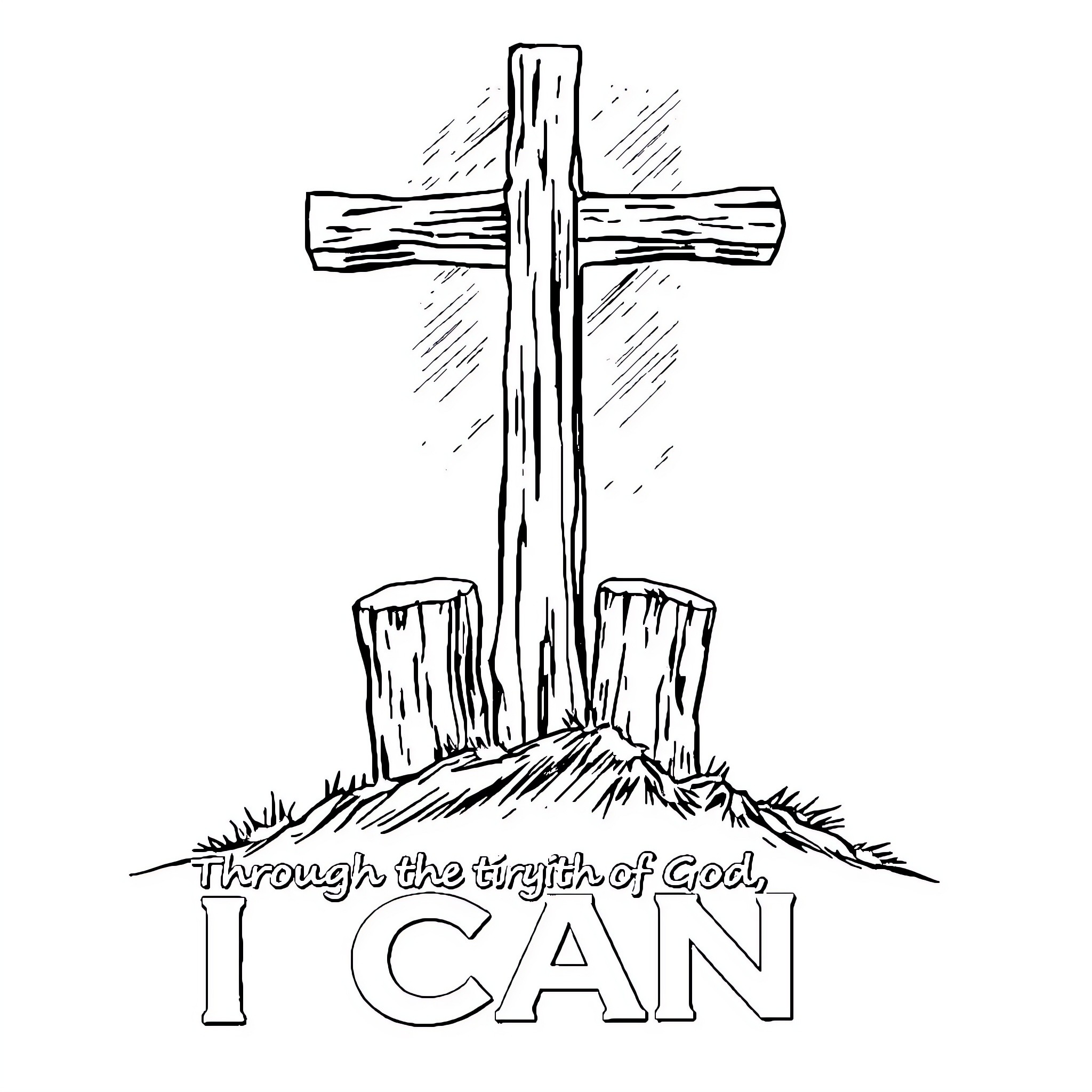 Cross Rising Through Divine Faith Coloring Page (free black-and-white line drawing printable PDF for all, from beginners to advanced learners, including children, teens, adults, and seniors)