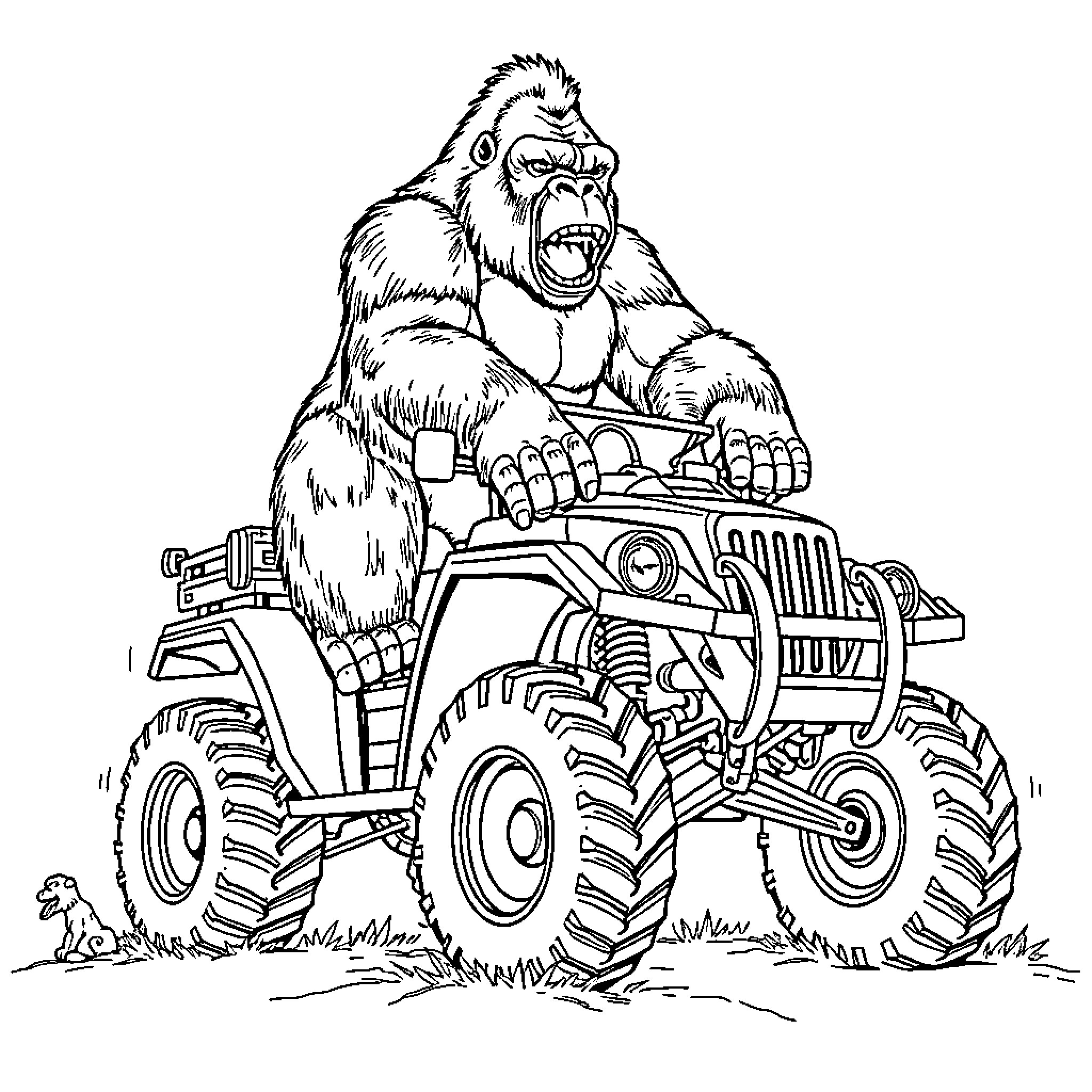 King Kong riding a powerful off-road vehicle Coloring Page (free black-and-white line drawing printable PDF for all, from beginners to advanced learners, including children, teens, adults, and seniors)