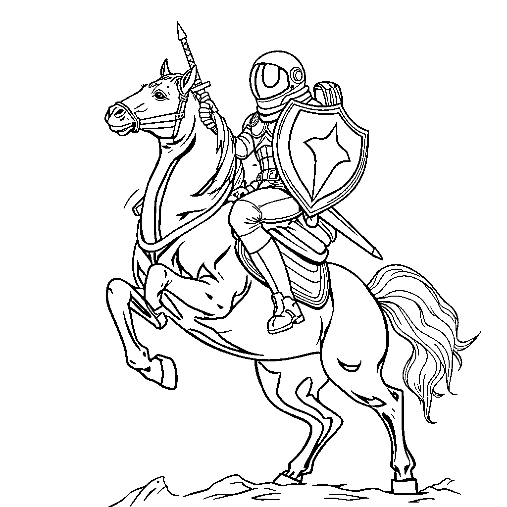 Astronaut riding a unicorn with a shield Coloring Page (free black-and-white line drawing printable PDF for all, from beginners to advanced learners, including children, teens, adults, and seniors)