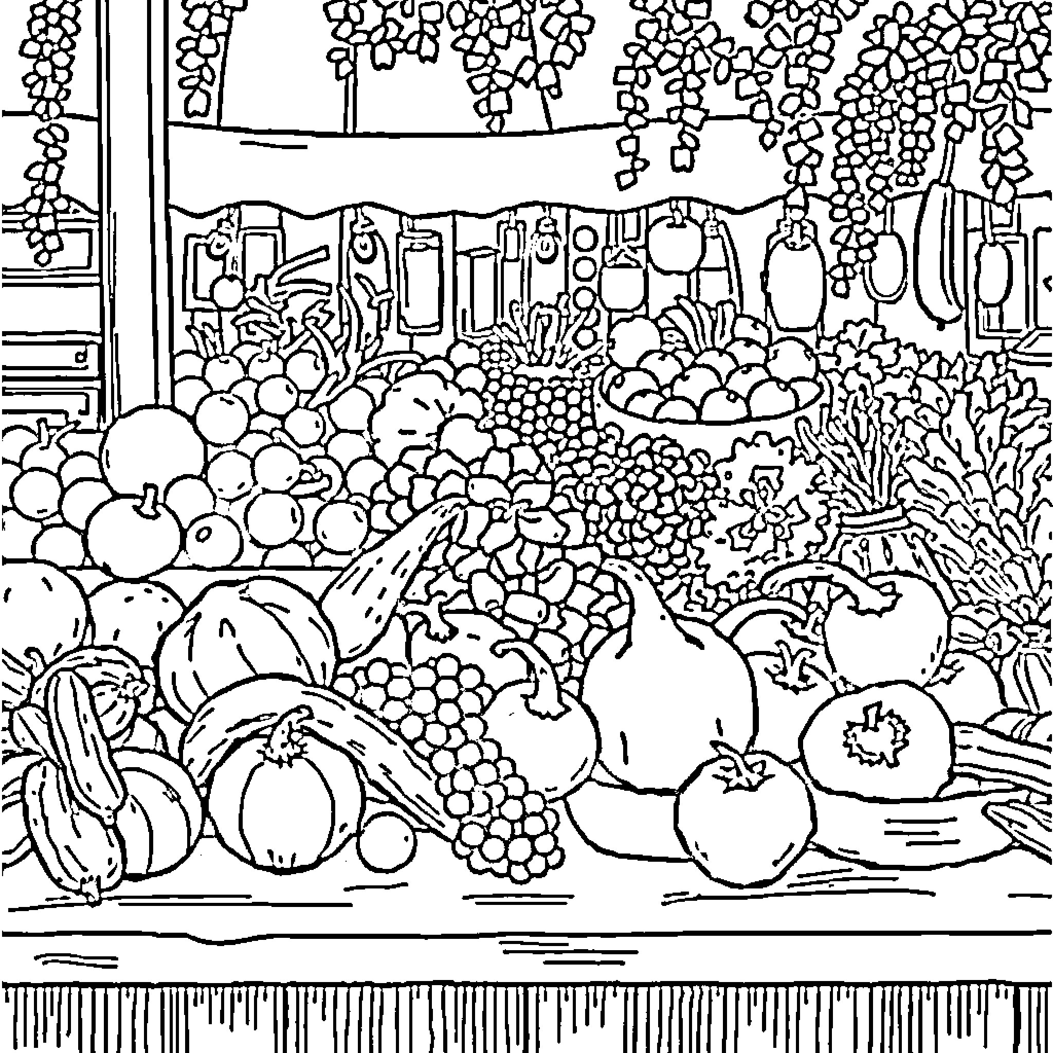 Fruit and Vegetable Market Scene Coloring Page (free black-and-white line drawing printable PDF for all, from beginners to advanced learners, including children, teens, adults, and seniors)