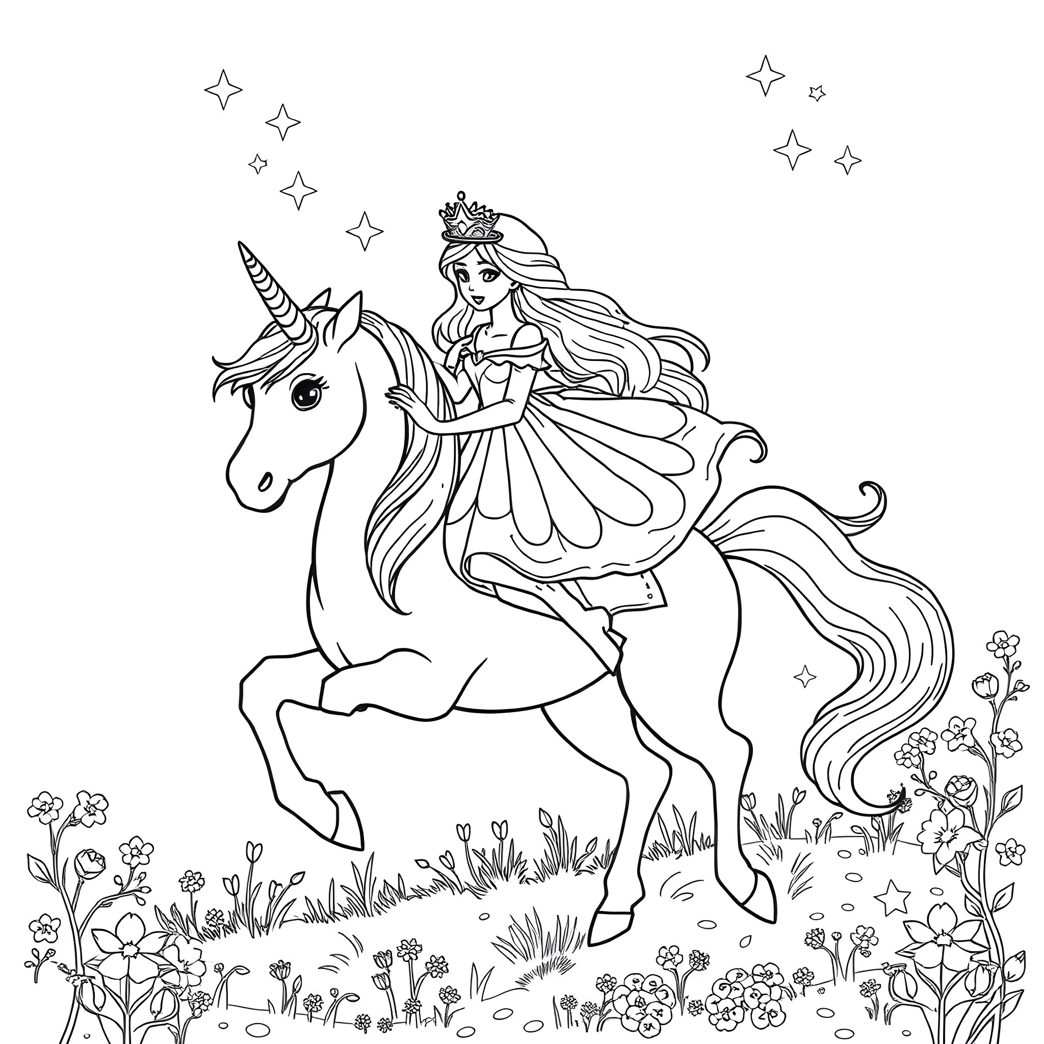Unicorn Fairytale Princess Riding Through Enchanted Forest Coloring Page (free black-and-white line drawing printable PDF for all, from beginners to advanced learners, including children, teens, adults, and seniors)