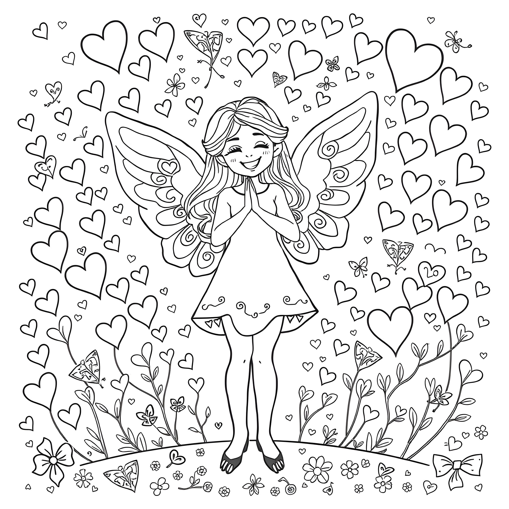 Angela, the Joyful Fairy with Hearts and Flowers Coloring Page (free black-and-white line drawing printable PDF for all, from beginners to advanced learners, including children, teens, adults, and seniors)