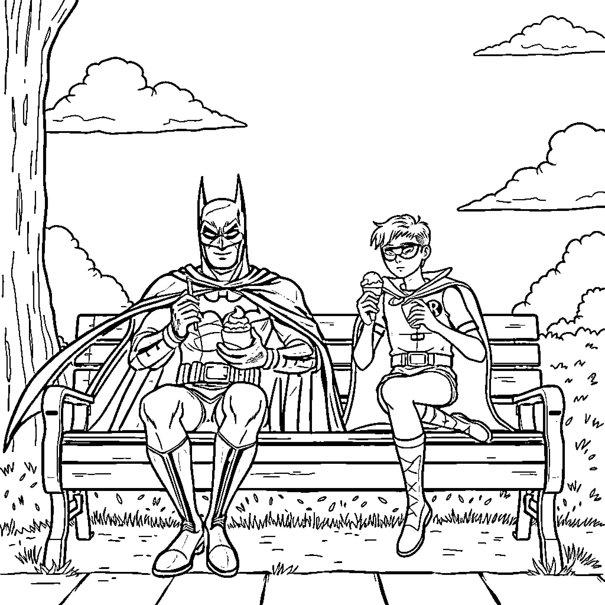 Batman and his sidekick relaxing on a bench Coloring Page (free black-and-white line drawing printable PDF for all, from beginners to advanced learners, including children, teens, adults, and seniors)