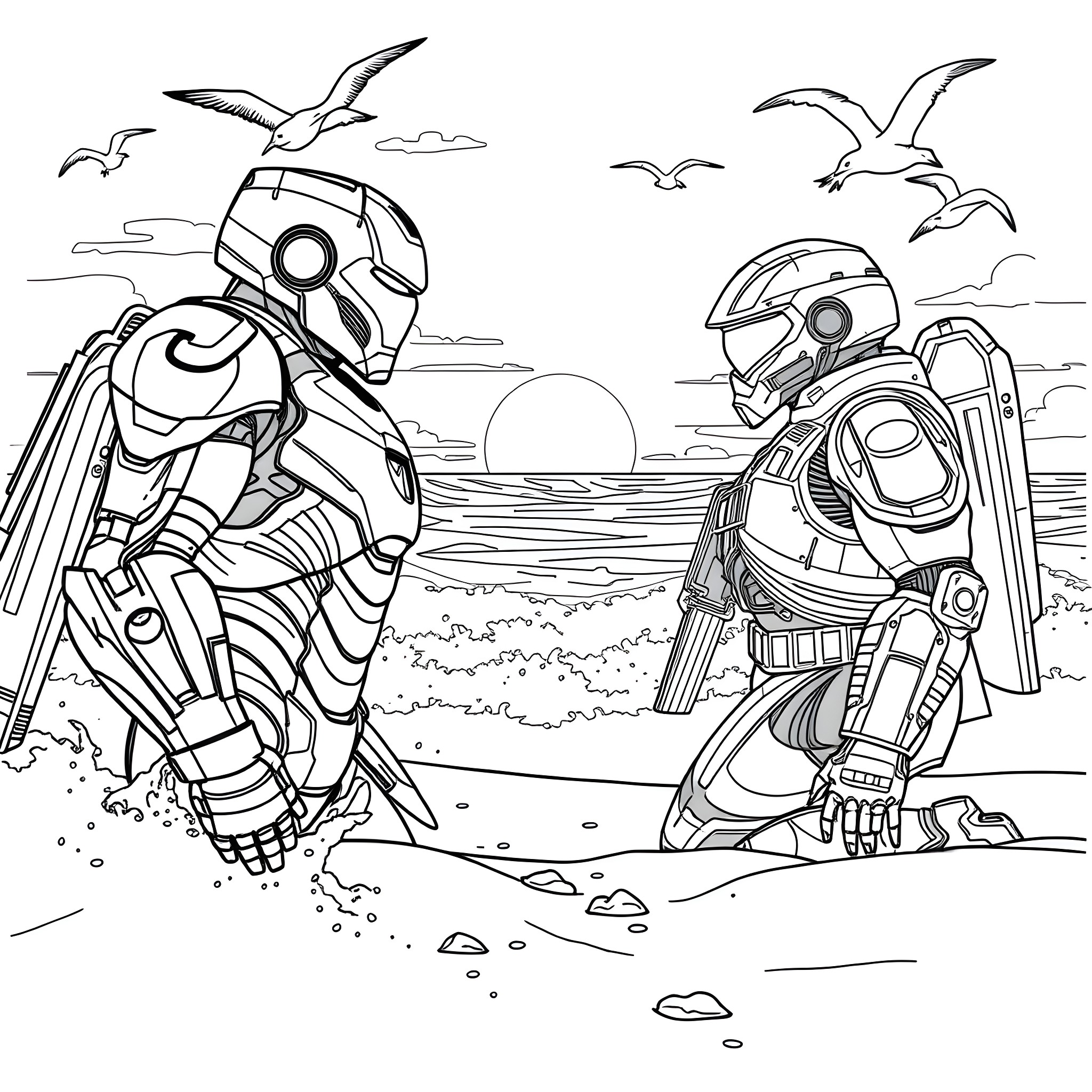 Ironman-inspired Robots Exploring Coastal Scenery Coloring Page (free black-and-white line drawing printable PDF for all, from beginners to advanced learners, including children, teens, adults, and seniors)