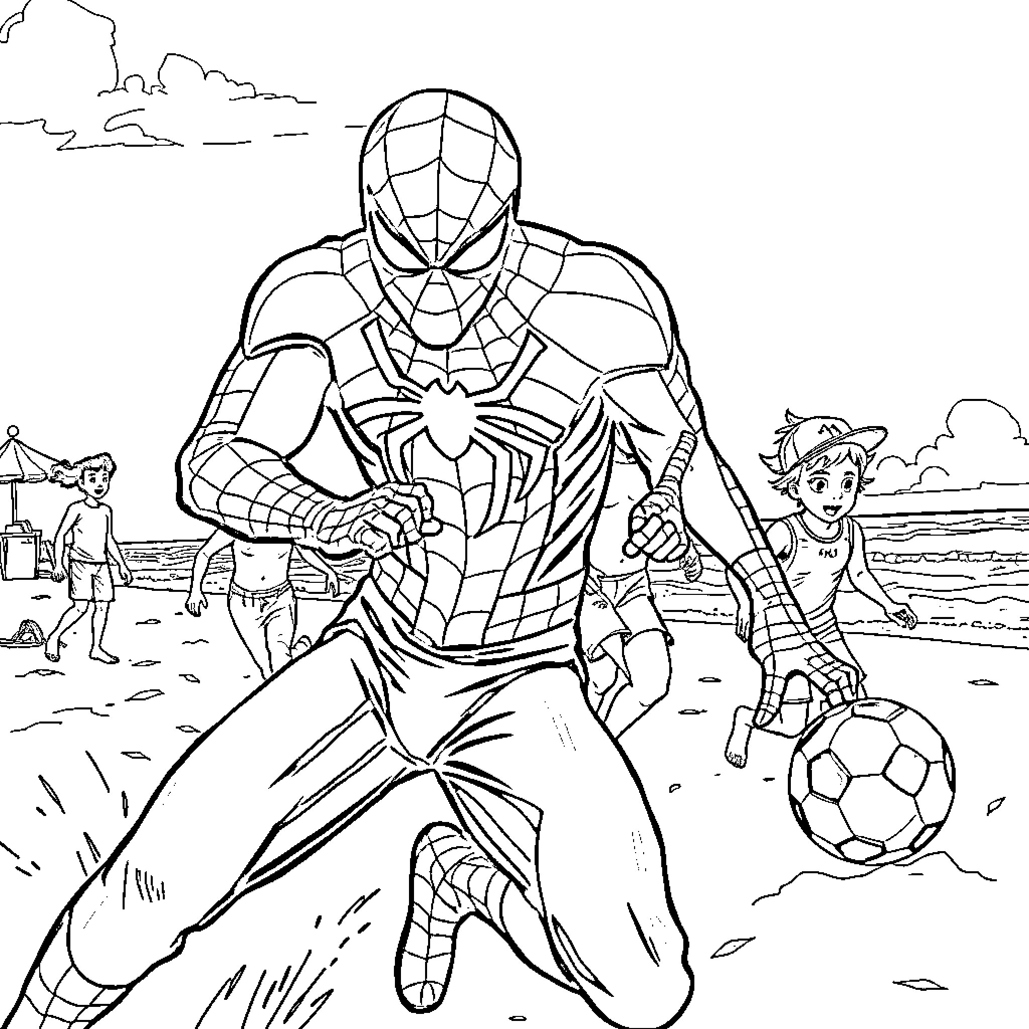 Spiderman playing football with a child on the beach Coloring Page (free black-and-white line drawing printable PDF for all, from beginners to advanced learners, including children, teens, adults, and seniors)